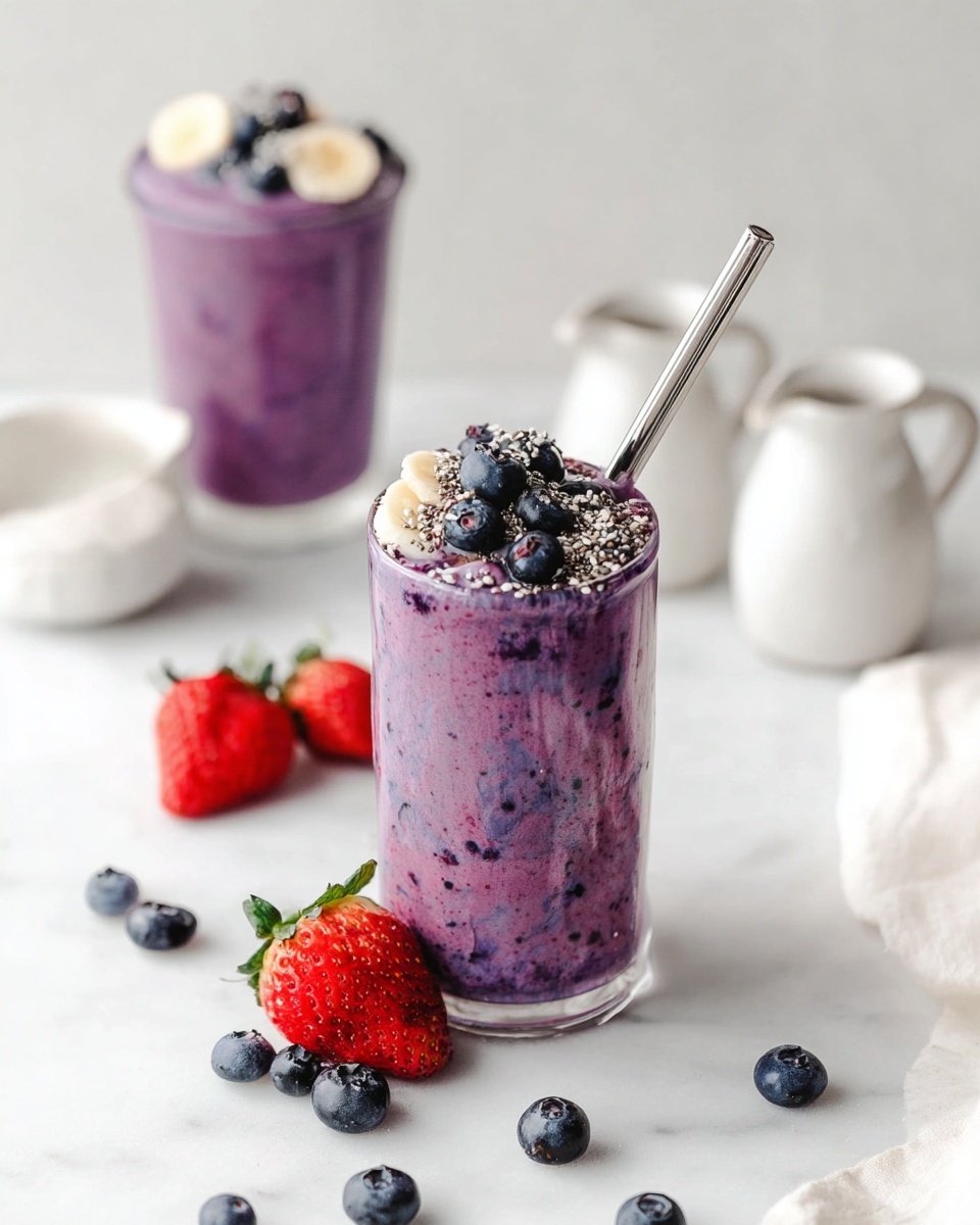 A tall clear glass filled with a purple smoothie that has a thick, creamy texture and visible small darker pieces inside. The top layer of the smoothie is decorated with fresh blueberries, thin banana slices, and a sprinkle of small black chia seeds. A silver metal straw is placed in the glass. Around the glass, there are scattered fresh blueberries and bright red strawberries with green leaves on a white marbled surface. In the background, there is another glass of the same smoothie and two small white ceramic pitchers. The scene is bright and clean, with soft natural lighting. photo taken with an iphone --ar 4:5 --v 7