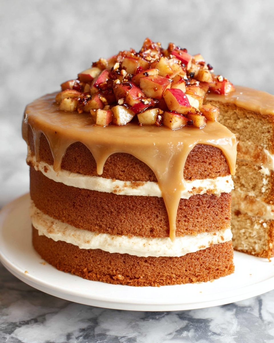 A tall three-layer cake with light brown spongy layers filled with a smooth light beige cream between each layer. On top, there is a glossy sauce dripping down the sides and a heap of small, shiny diced apples with red skins mixed with tiny nuts or spices. The cake sits on a white plate, placed on a white marbled surface. Photo taken with an iphone --ar 4:5 --v 7