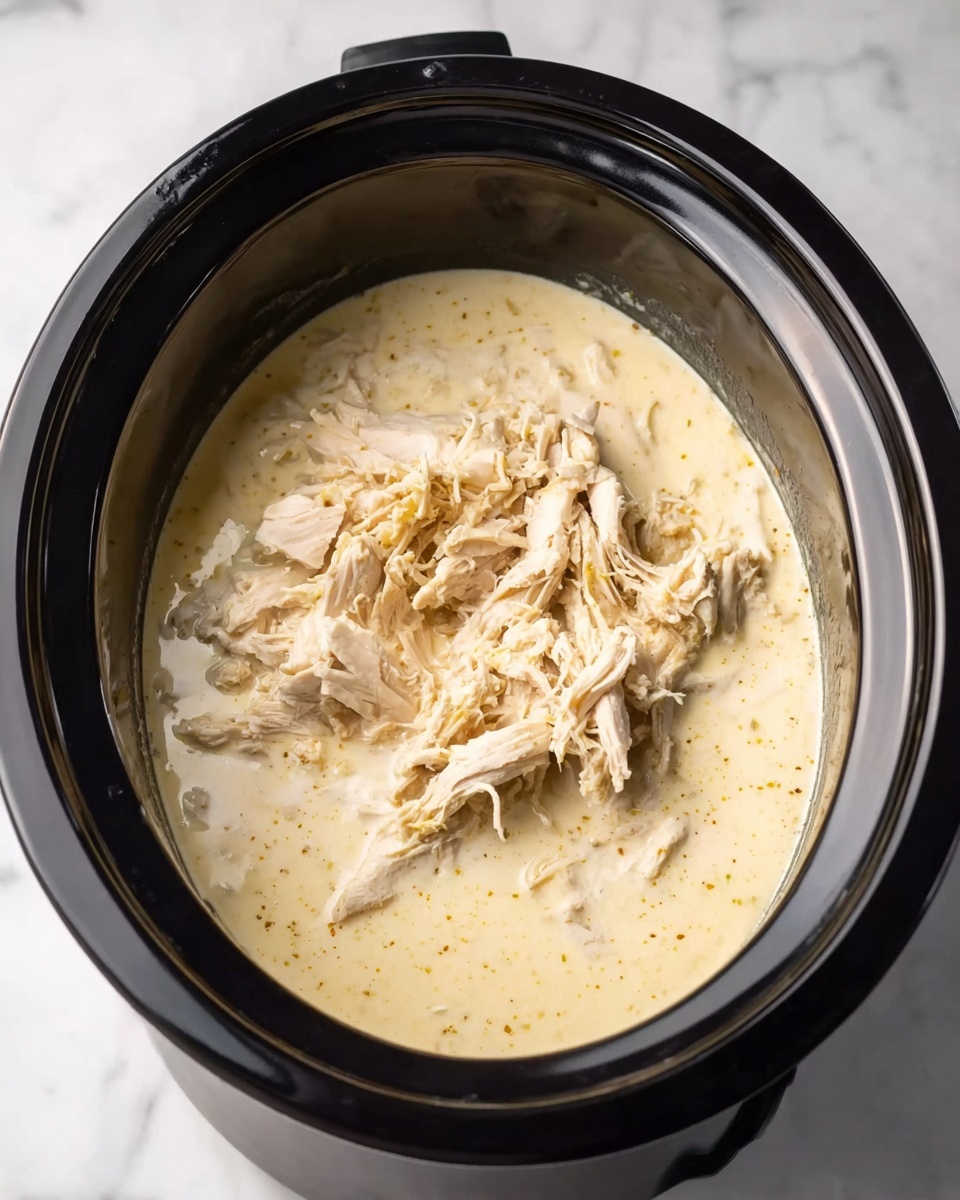 The image shows a black slow cooker filled with creamy white liquid and shredded light beige chicken pieces floating on top. The chicken layers have a fibrous texture and are not crowded, sitting mainly in the middle inside the liquid. The slow cooker is set on a white marbled surface. photo taken with an iphone --ar 4:5 --v 7
