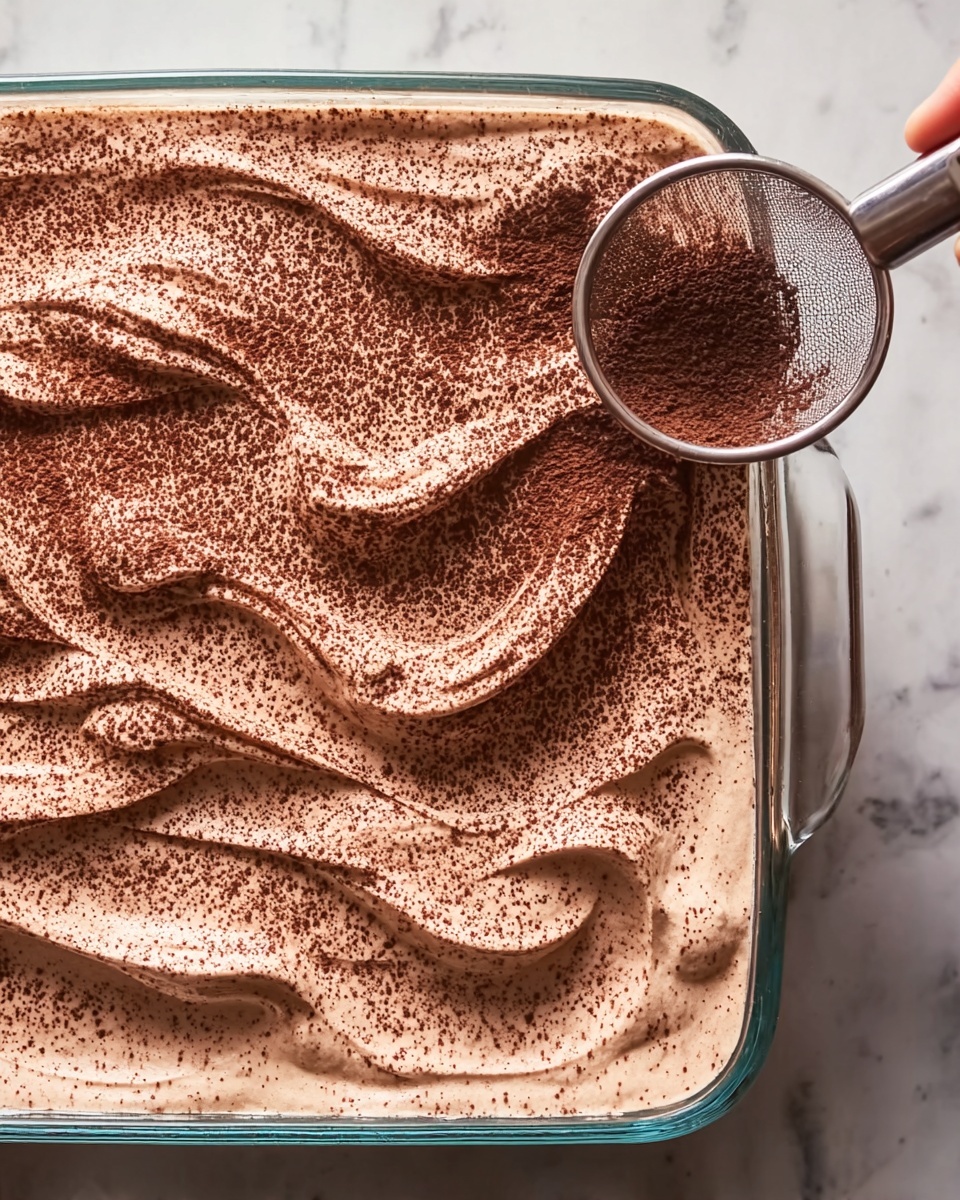 The image shows a glass dish filled with three layers of tiramisu. The bottom layer is a light creamy beige cream, the middle layer is soaked ladyfingers with a darker, coffee brown color, and the top layer is a thick, smooth layer of light brown mascarpone cream. The top layer is dusted evenly with fine, dark brown cocoa powder using a small metal sifter visible in the upper right corner. The glass dish sits on a white marbled surface. The texture of the cream on top is slightly wavy and smooth, showing soft peaks and swirls as if spread with a spatula. Photo taken with an iphone --ar 4:5 --v 7