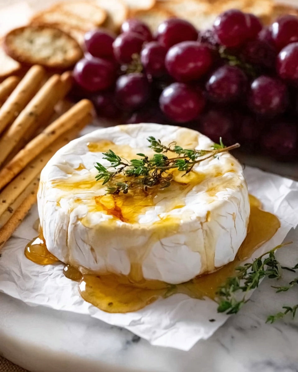 A round white cheese with a smooth rind sits on white parchment paper, covered with a golden honey drizzle pooling around its base and on top, garnished by a small sprig of green thyme. Behind the cheese, there is a bunch of dark red grapes with a glossy texture, and to the left are crunchy, light brown breadsticks and toasted bread slices, all set on a white marbled surface. photo taken with an iphone --ar 4:5 --v 7