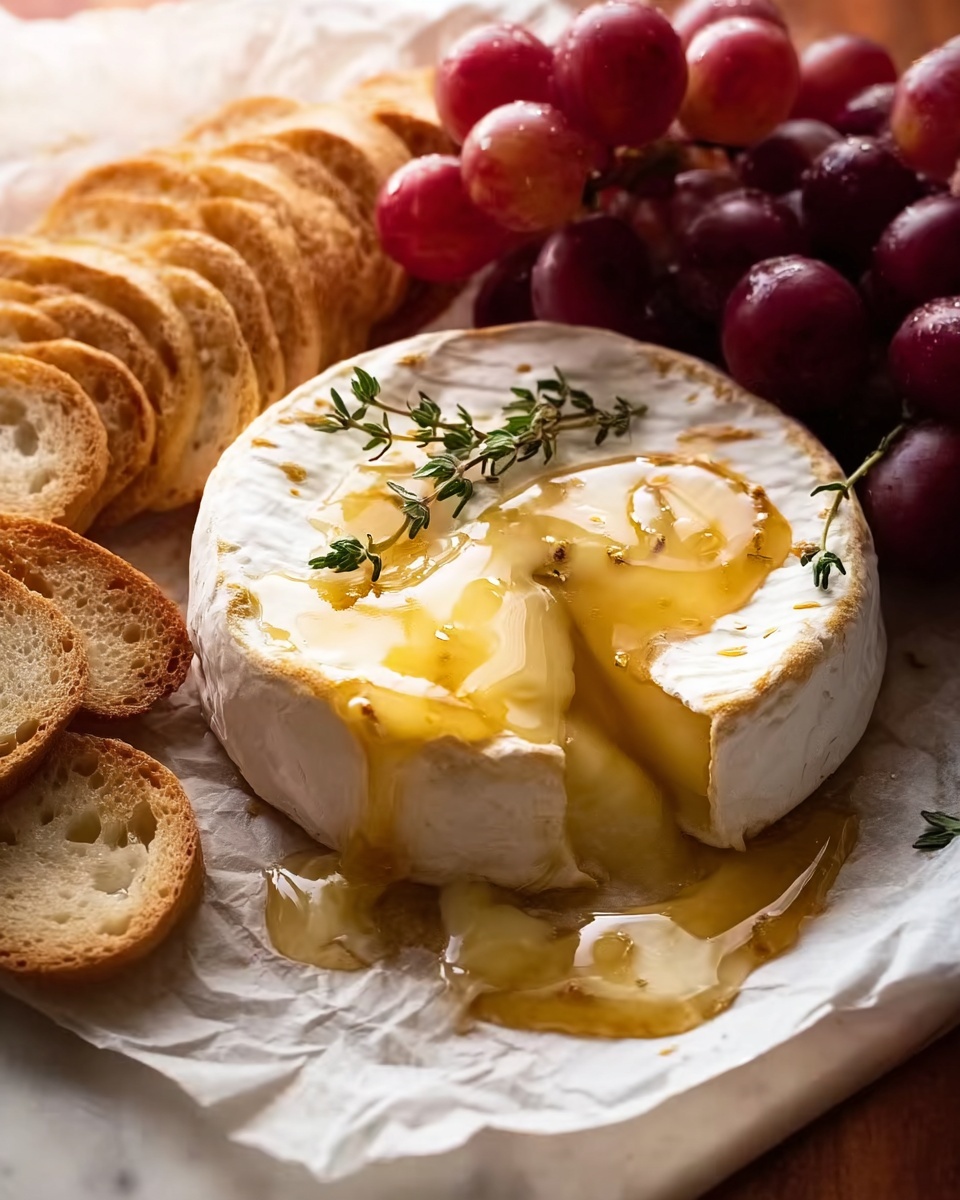 A round wheel of soft white cheese with a white rind is placed on slightly crinkled white paper, with its creamy, pale yellow inside melting out from a wedge taken out of the top. The melted cheese is shiny and smooth, covering part of the wheel and dripping over the edge. Golden honey is generously poured over the cheese, pooling on the paper underneath and glistening in the light, with a small sprig of green thyme laid on top. To the left of the cheese, there are many small, oval, toasted white bread slices with a light brown crust and a porous texture stacked closely together. On the right side, a bunch of shiny, plump red grapes leans slightly against the cheese. The whole scene is set on a white marbled surface, capturing warm tones and textures in a cozy, close-up view. photo taken with an iphone --ar 4:5 --v 7