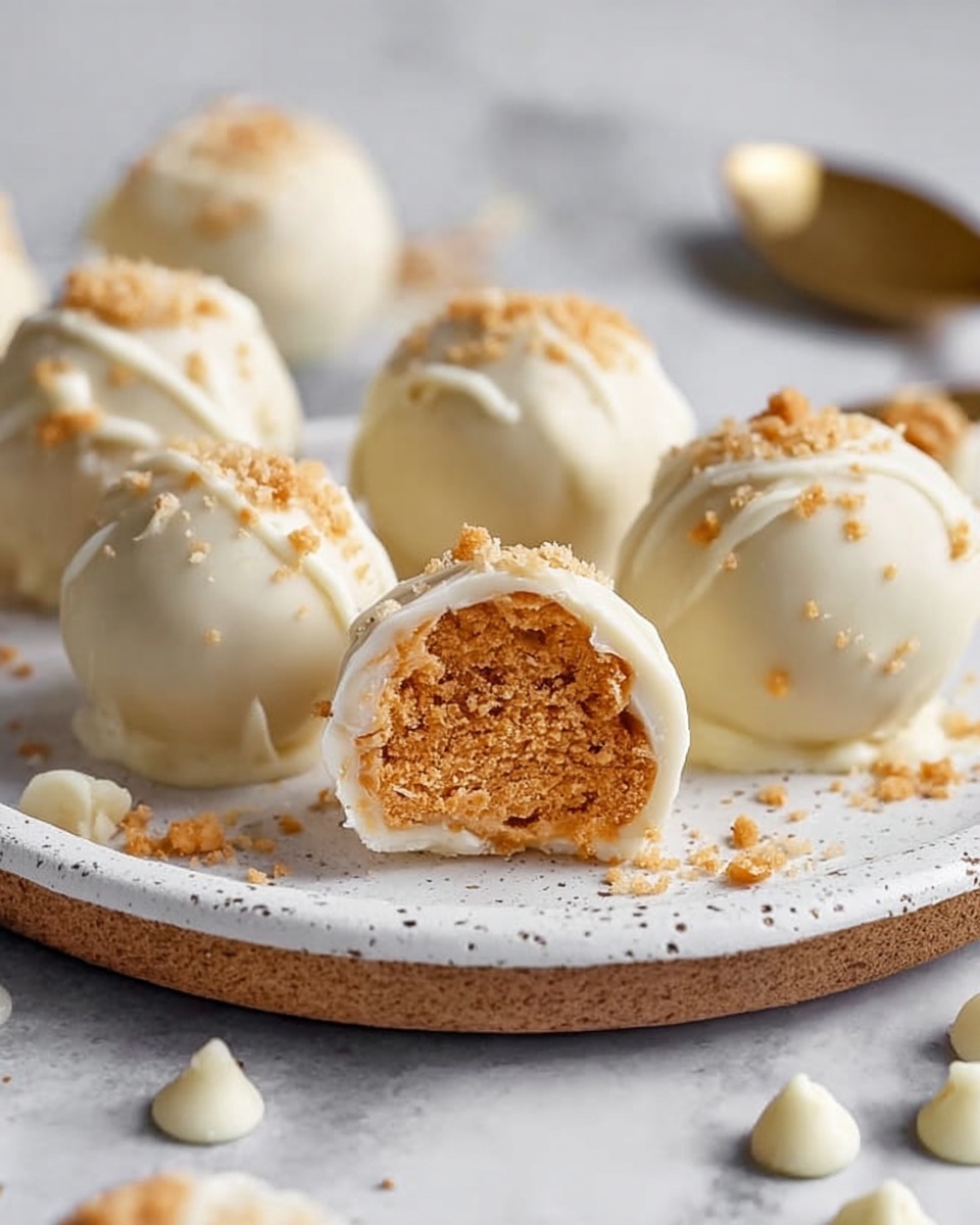 The image shows a white speckled tray lined with white parchment paper holding nine round treats covered in smooth white coating. Each treat has a light sprinkle of crumb topping that adds a bit of texture. On the white marbled surface around the tray, there are some scattered white chocolate chips and a few cracked pieces of a light brown cracker, with a spoon holding more white chips nearby. The whole setting is bright and clean with a soft focus on the background stack of plates. photo taken with an iphone --ar 4:5 --v 7