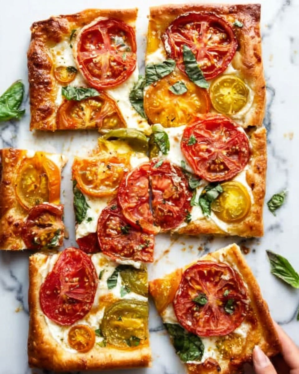 The image shows a rectangular pizza cut into square slices on a white marbled surface. The pizza has a golden brown crust with a smooth white cheese layer covering the base. On top, there are large red and orange tomato slices arranged evenly, creating a colorful mix. Small dollops of bright green pesto sauce are scattered over the tomatoes, adding texture and contrast. The pizza looks fresh and juicy, with the tomatoes slightly cooked and glistening under light. Photo taken with an iphone --ar 4:5 --v 7