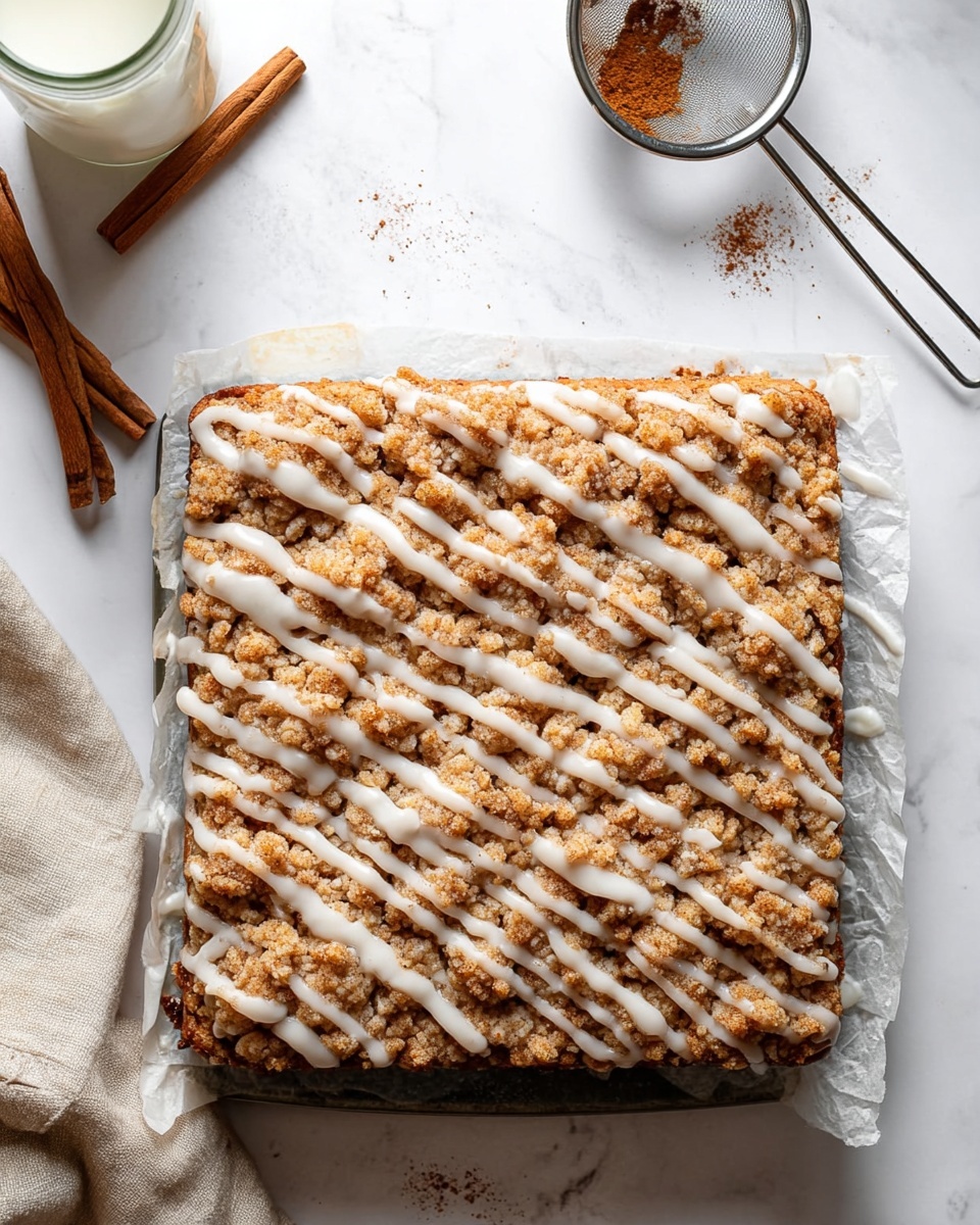 The image shows a square coffee cake with a crumbly, golden-brown streusel topping that covers the whole surface. The cake has white icing drizzled in thin, uneven lines across the top, adding a shiny contrast to the crumbly texture. The cake is placed on white parchment paper over a baking tray, which sits on a white marbled surface. Nearby, there is a metal sieve with some cinnamon powder, a spoon with some icing dripping off it, a small glass jar of milk, and a beige linen cloth partially folded. A cinnamon stick is also visible on the left side. The lighting is soft and natural, giving the cake a warm, inviting look. photo taken with an iphone --ar 4:5 --v 7