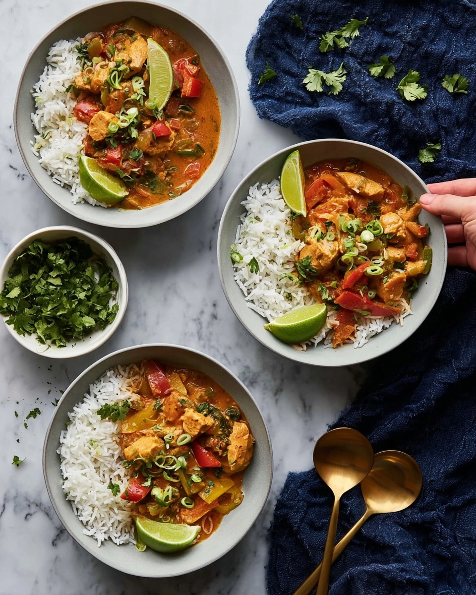 A white bowl filled with a base layer of fluffy white rice, topped with a thick layer of creamy curry with orange-brown sauce containing chunks of meat and red bell peppers. The dish is garnished with chopped green onions and fresh cilantro leaves scattered over both the curry and the rice. A small wedge of lime rests on the top-left edge of the rice. The bowl is set on a white marbled surface with three bronze spoons placed to the right. A small white bowl filled with chopped cilantro is visible in the upper right corner. Photo taken with an iphone --ar 4:5 --v 7