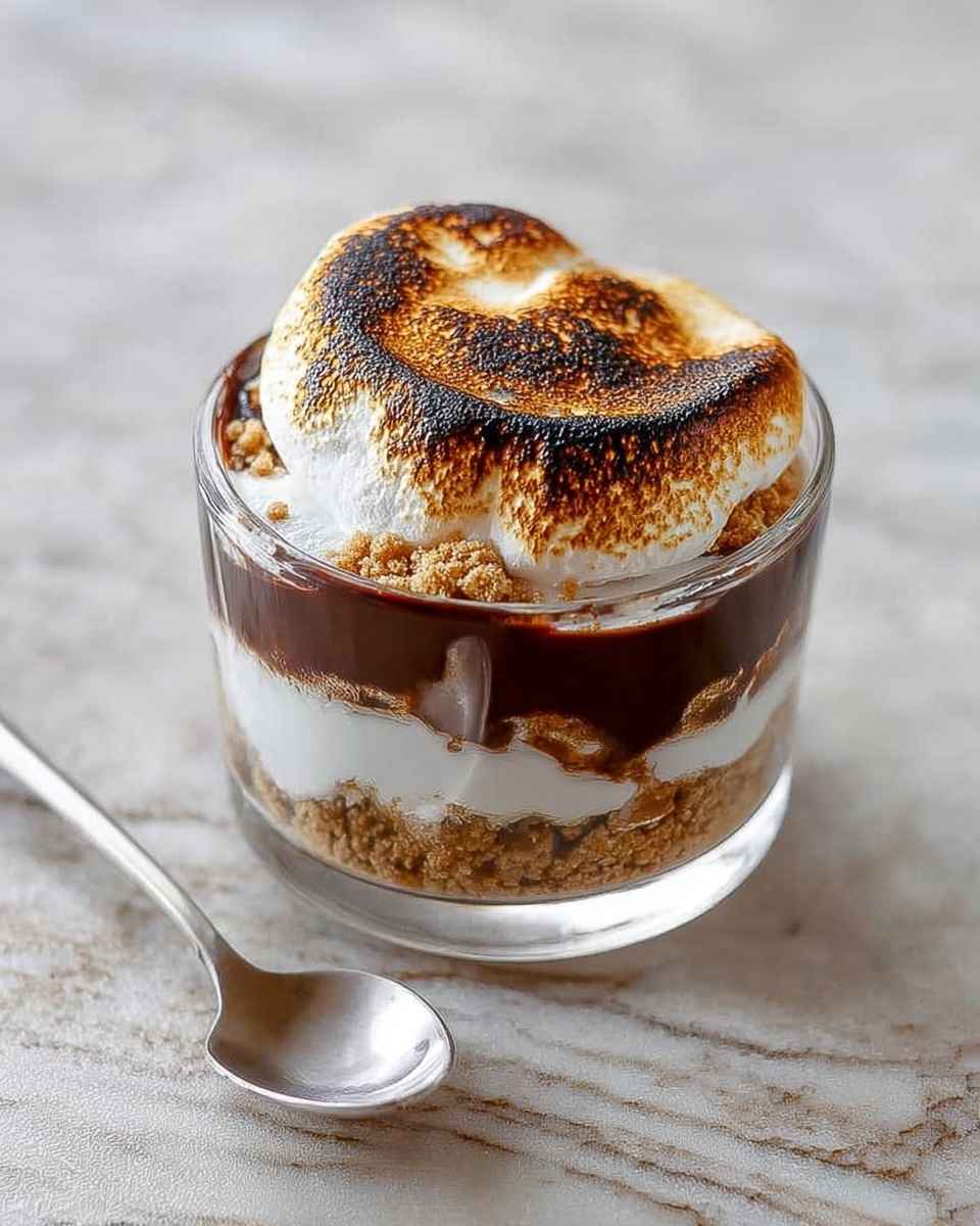 The image shows three small clear glass cups arranged diagonally on a white marbled surface. Each cup has three clear layers: the bottom is a light brown crumbly base, the middle is a smooth white creamy layer, and the top is a thick dark brown chocolate layer topped with a large toasted marshmallow that is golden brown and slightly charred on the top. The texture of the marshmallow looks soft and puffed up, spilling slightly over the edges of the cups. The cups are closely placed, with the front cup in sharp focus and the others softly blurred in the back. photo taken with an iphone --ar 4:5 --v 7