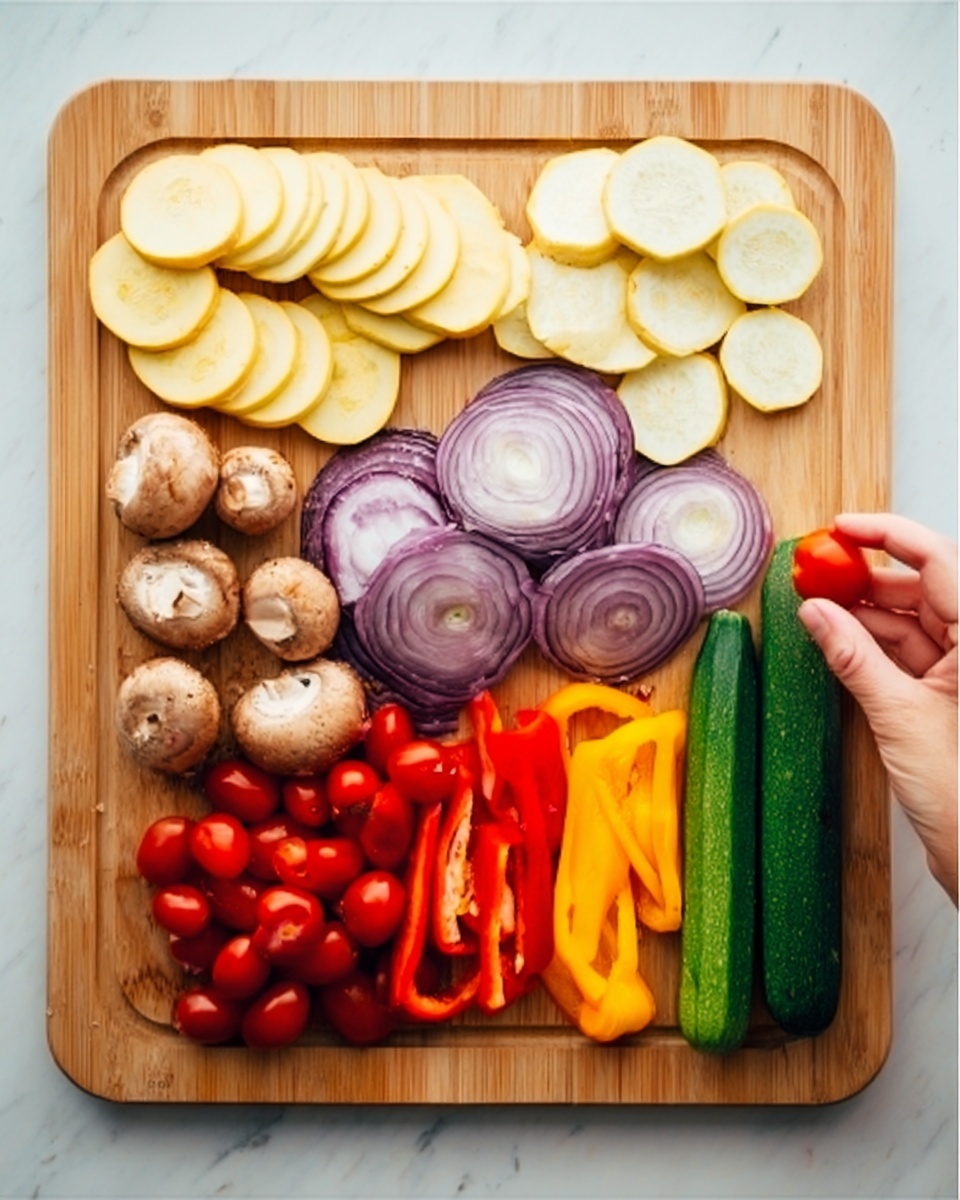 The image shows a wooden cutting board on a white marbled surface. On the board, there are five groups of sliced and whole vegetables arranged in neat rows. On the left side, there are light yellow round slices of squash stacked in a single layer. Next to them, there are several layers of purple and white round slices of onion. Beside the onion, there is a pile of whole brown mushrooms with smooth caps, clustered together. Below the mushrooms, a cluster of red cherry tomatoes on the vine rests. To the right of the tomatoes, small colorful bell peppers in red, orange, and yellow are gathered closely. On the far right side, there are long green zucchini sticks placed in a neat row showing the light green inside and dark green peel. A woman's hand is holding a small tomato. The whole scene has a fresh and vibrant look. photo taken with an iphone --ar 4:5 --v 7