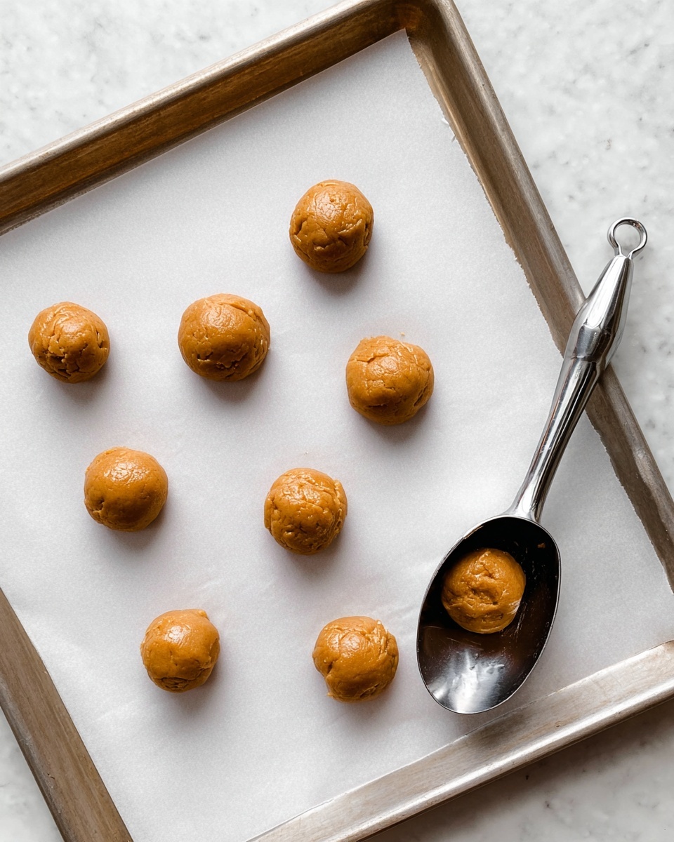 There is a metal baking tray lined with white parchment paper placed on a white marbled surface. On the parchment paper, there are eight round dough balls spaced evenly, each ball is light brown and slightly shiny with a smooth texture. To the right side of the tray, a silver cookie scoop holds more of the same dough, resting on the white marbled background. photo taken with an iphone --ar 4:5 --v 7