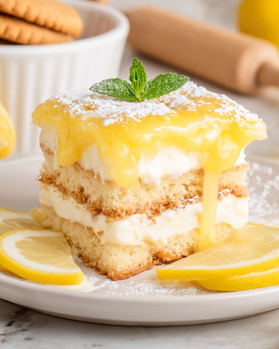 The image shows a white square ceramic dish with a layered lemon dessert inside. The bottom layer looks smooth and creamy, topped with a thick pale yellow layer. The top layer is dusted with a generous amount of white powdered sugar, giving it a soft, powdery texture. On the top right corner, there are three thin lemon slices placed next to each other, slightly overlapping. In the center, there is a small fresh green mint leaf for decoration. The dish is resting on a white marbled surface. Photo taken with an iphone --ar 4:5 --v 7