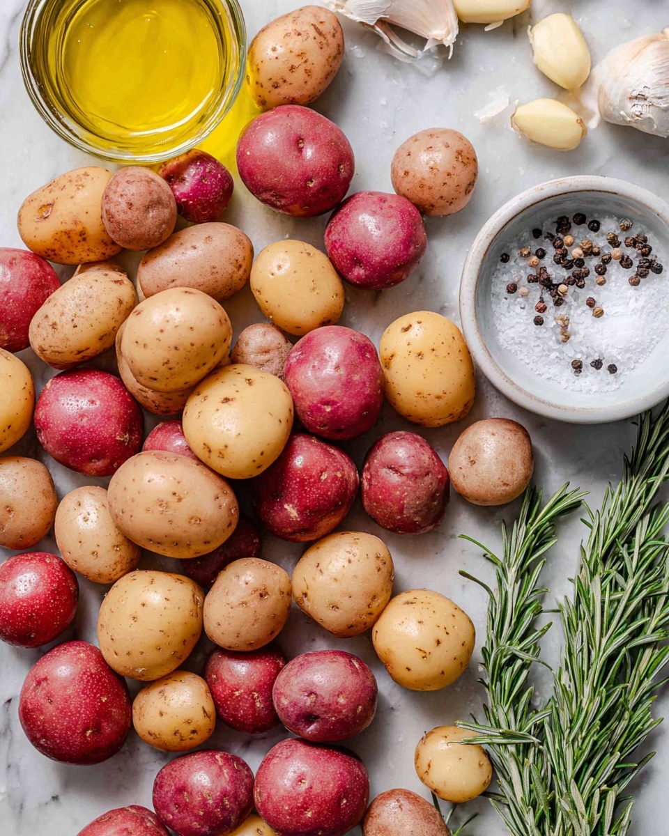 A close-up of many small potatoes in two colors, red and light brown, spread out on a white marbled surface. On the top left, a glass bottle with yellow olive oil is partly visible. At the top right, there are three garlic cloves with beige skin, and next to them, a white bowl filled with coarse white salt and cracked black pepper. On the bottom right, two sprigs of green rosemary add a fresh touch. The scene is bright and simple, showing natural textures and colors. photo taken with an iphone --ar 4:5 --v 7