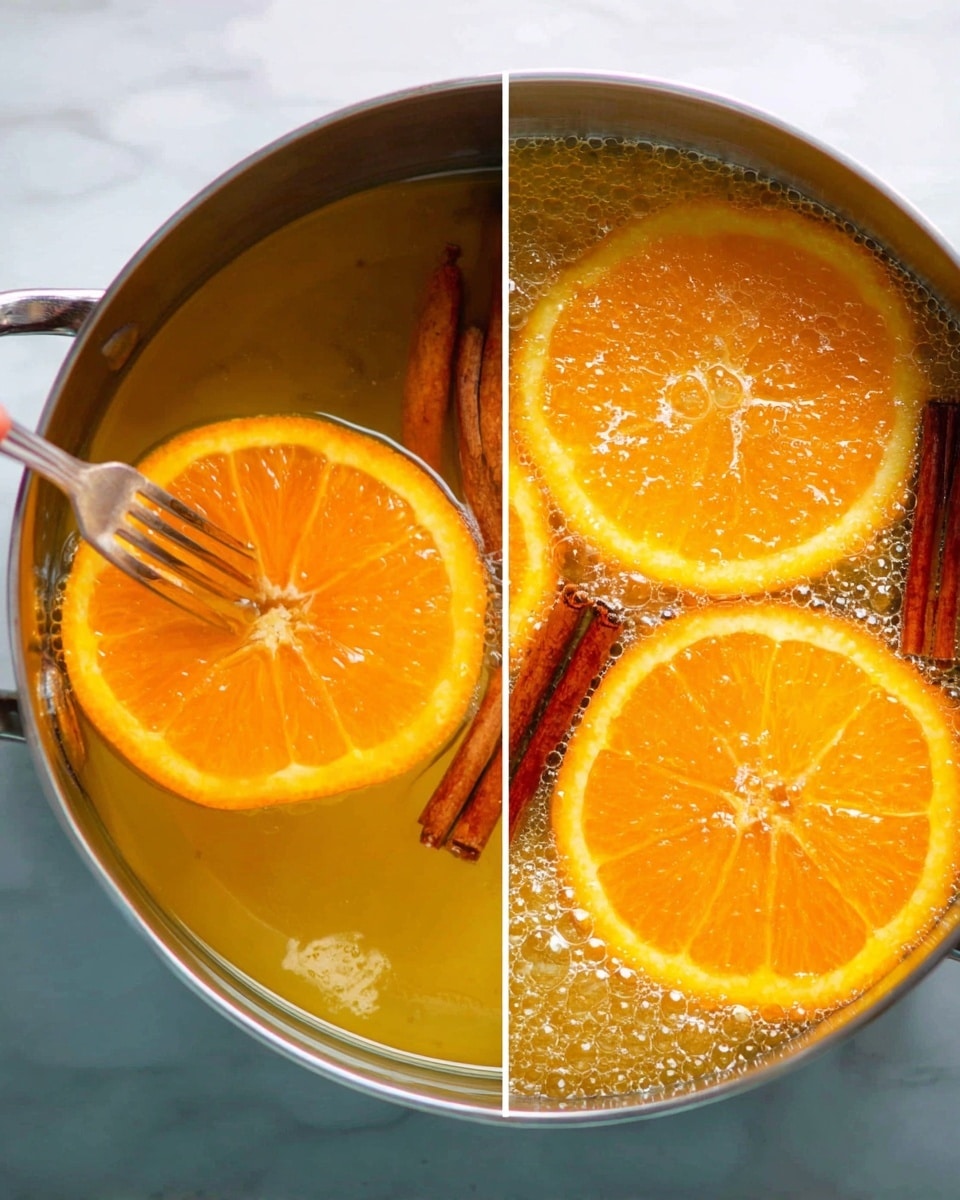 The image shows a pot filled with liquid and floating orange slices on top. There are three bright orange slices with a shiny, wet surface floating on a golden yellow liquid base. The liquid has bubbles, making it look hot or boiling. There are also two cinnamon sticks partly inside the liquid near the orange slices, adding dark brown and reddish tones. A woman's hand holds a fork picking up one orange slice from the left side of the pot. The pot is set on a white marbled surface. photo taken with an iphone --ar 4:5 --v 7