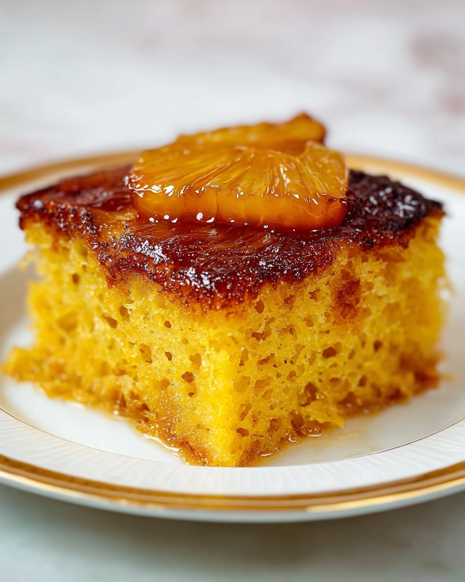 The image shows a close-up of square pieces of sticky cake arranged on wax paper with printed text, all placed on a white marbled surface. Each piece has two main layers: a soft, light yellow sponge base topped with a thick, shiny caramelized amber-brown layer that gives a glossy texture. On top of each square, there are small bright orange slices of fruit placed in the center, adding a pop of color and a glossy wet look. The pieces are cut cleanly, and the cake looks moist and dense. Photo taken with an iphone --ar 4:5 --v 7