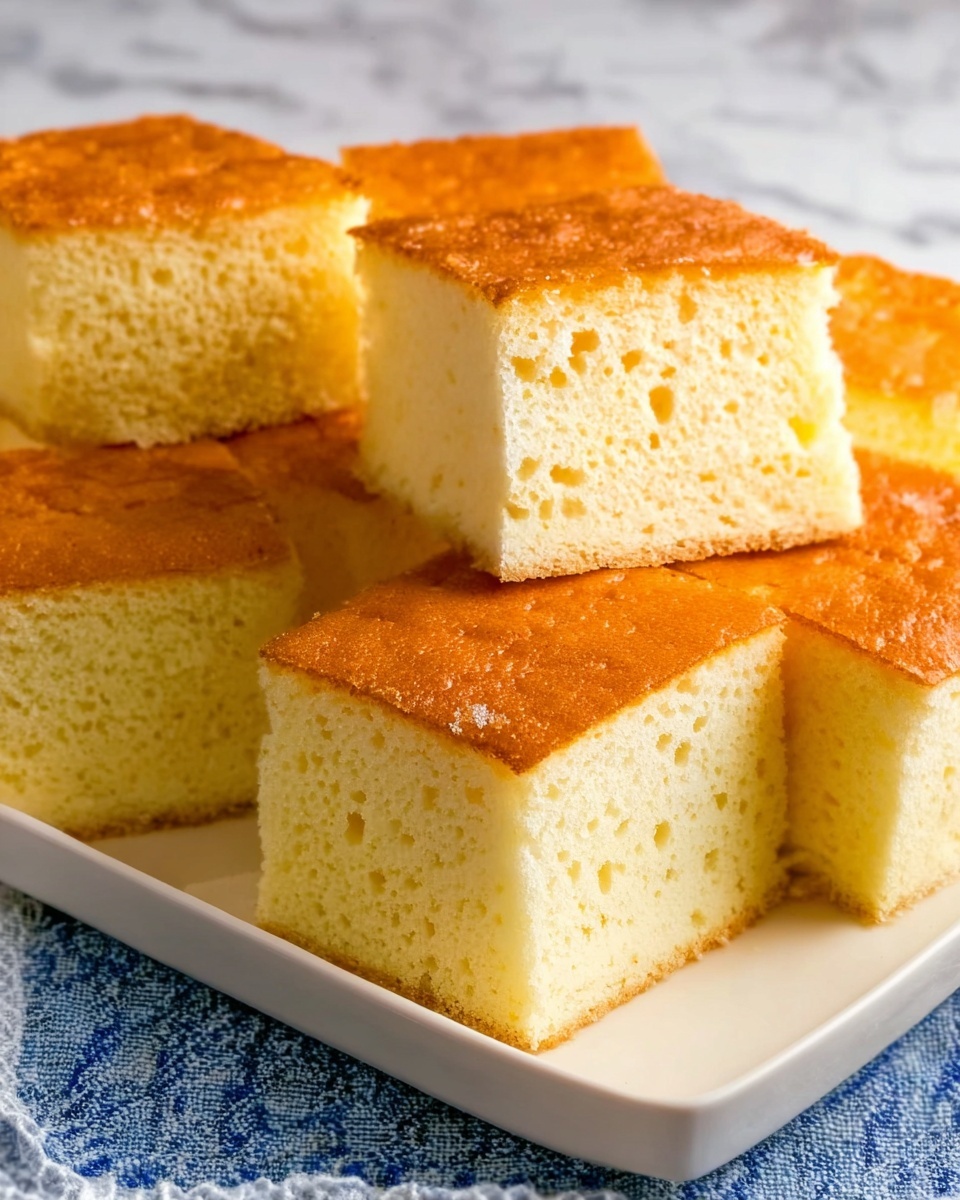 The image shows several pieces of yellow sponge cake neatly arranged on a white rectangular plate. Each piece is a square with a soft, fluffy texture and a golden-brown top layer that looks slightly crisp and shiny. The sponge cake's inside is pale yellow and evenly light with tiny air holes visible, suggesting a light and airy structure. The plate rests on a white marbled surface with a blue and white cloth partly visible underneath. The whole scene is bright and clean, focusing on the fresh, soft cakes. photo taken with an iphone --ar 4:5 --v 7