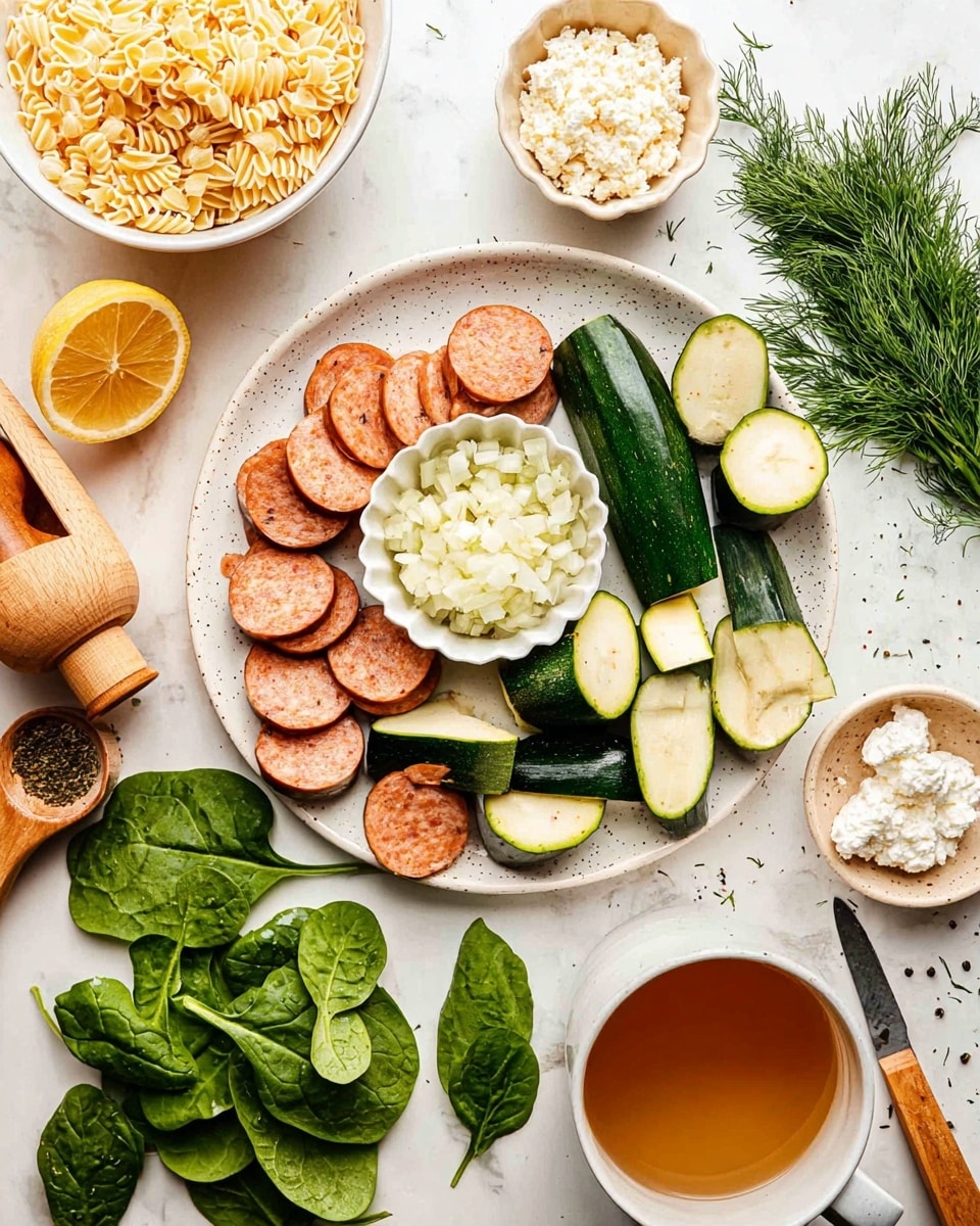 A white speckled plate holds an arrangement of sliced and whole sausages in the center left, with slices going from round to half-round near the center right part of the plate. Next to the sausage, there are whole and quartered green zucchinis on the right side. A small scalloped bowl with a light cream color is placed near the top center of the plate, filled with finely chopped white onions or garlic. Nearby, a wooden citrus reamer presses into a lemon half, with another half lemon set beside it. Sprigs of fresh green dill rest to the right edge of the plate. Around the plate, scattered fresh green spinach leaves sit below, with two small bowls, one rust colored filled with white cottage cheese, and one light tan filled with more fresh spinach leaves. Above the plate on the left side is a large white bowl filled with uncooked orzo pasta, and next to it are two white measuring spoons containing dried herbs and pepper. To the right bottom corner, a white mug has a golden brown liquid, likely broth, sitting on the white marbled texture surface. A knife with a light wooden handle lies across the plate among the sausage slices. Photo taken with an iphone --ar 4:5 --v 7