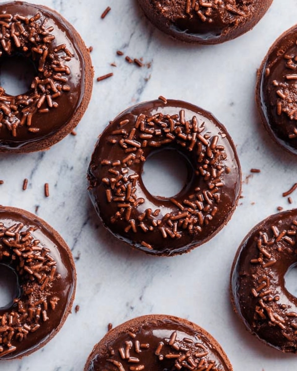 The image shows several round chocolate donuts with a glossy dark chocolate glaze on top, covered with small chocolate sprinkles. Each donut has one thick layer of rich chocolate dough with a smooth, shiny chocolate topping spread evenly over the surface. The donuts are arranged scattered on a white marbled surface with a few chocolate sprinkles scattered around them. Photo taken with an iphone --ar 4:5 --v 7
