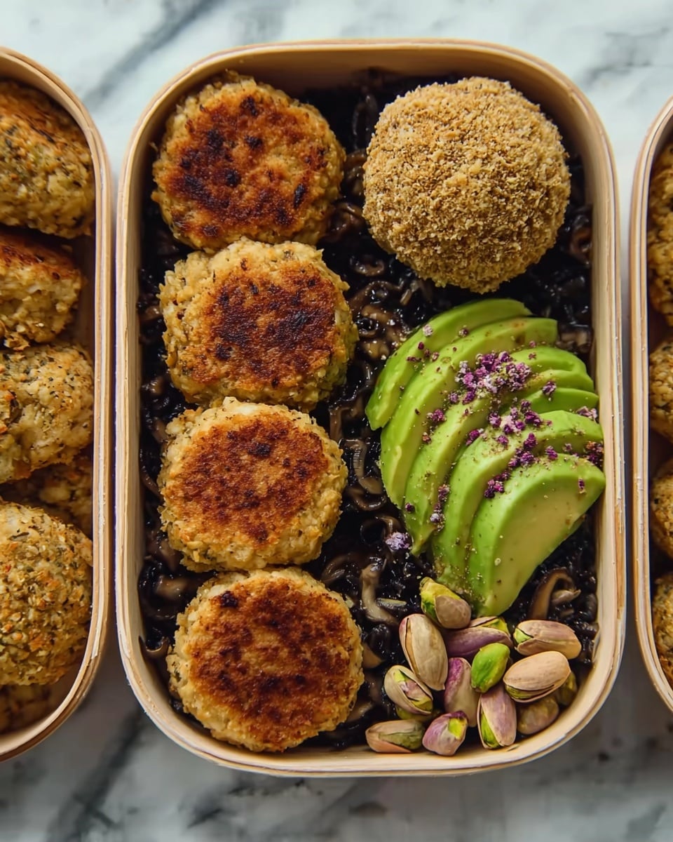 The image shows a rectangular white container with food neatly arranged inside. At the bottom is a layer of finely chopped dark mushrooms, creating a textured dark base. On top of this base, there are two rows of round, browned patties with a crispy outer surface, each row containing four patties. In the upper right corner, there is a single round ball coated with crushed nuts or seeds, giving it a rough, golden brown texture. Next to this ball is a bright green avocado wedge sprinkled lightly with purple seasoning. A small handful of whole pistachios sits beside the avocado, adding a contrasting green and brown color. The container is placed on a white marbled surface. Photo taken with an iphone --ar 4:5 --v 7
