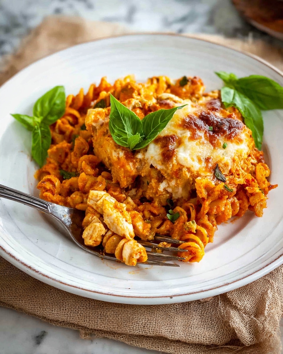 Chicken Parmesan Casserole Recipe 5 A white plate holds a serving of baked pasta with three visible layers: the bottom layer is orange-red rotini pasta mixed with tomato sauce; the middle layer features chunks of chicken covered partially by more pasta; the top layer is a golden-brown, slightly crispy cheese crust with some white melted spots. Fresh green basil leaves are placed on top for garnish. A silver fork is set inside the plate, leaning on the edge. The plate rests on a white marbled surface with a beige cloth underneath. photo taken with an iphone --ar 4:5 --v 7