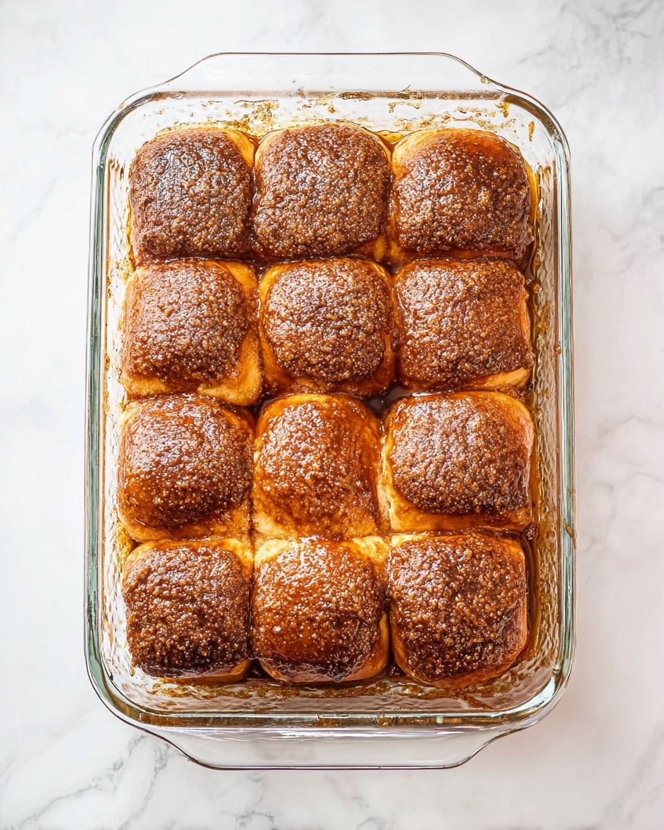 Hawaiian Roll Cinnamon Rolls with Cream Cheese Icing Recipe 4 The image shows a clear glass rectangular baking dish with 12 small brown baked buns tightly placed in a 3 by 4 grid. The top of each bun has a shiny, textured surface with a darker brown crust, suggesting a sweet glaze or sugar topping. The buns sit in a caramelized sticky sauce that pools around the edges and shows some bubbling and browning up the sides of the glass dish. The background is a white marbled texture, enhancing the warm tones of the baked buns. photo taken with an iphone --ar 4:5 --v 7