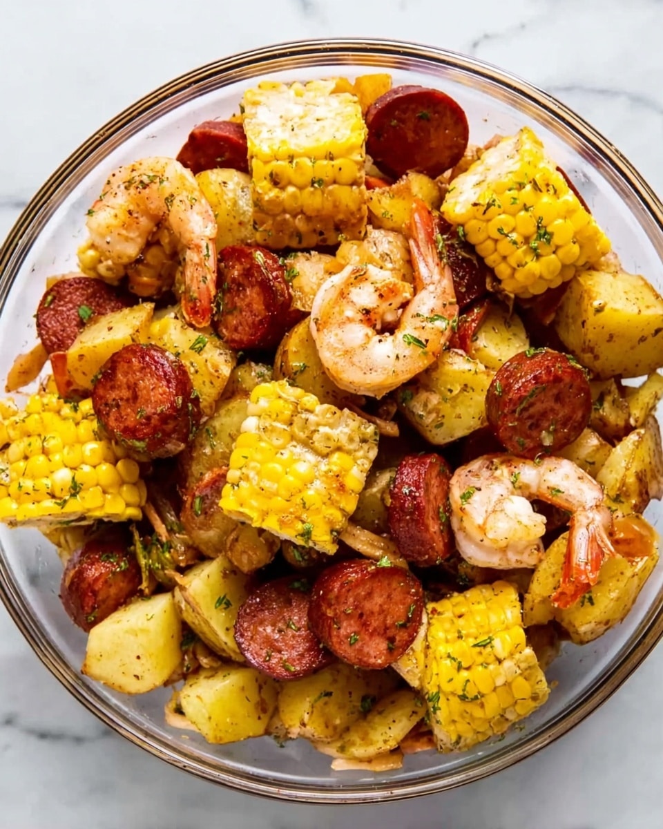 A clear bowl filled with a colorful mix of cooked food sits on a white marbled surface. The dish has multiple layers: at the bottom, there are yellow potato pieces with a slightly rough texture, mixed throughout with slices of reddish-brown sausage that have a smooth surface. Scattered among these are round, golden yellow corn cob pieces, some showing a charred outer edge adding a bit of dark brown color. There are also small pink shrimp nestled between other ingredients, with a slight shine on their curved bodies. The overall look is warm, rich, and dotted with green seasoning bits that add texture and color contrast. photo taken with an iphone --ar 4:5 --v 7