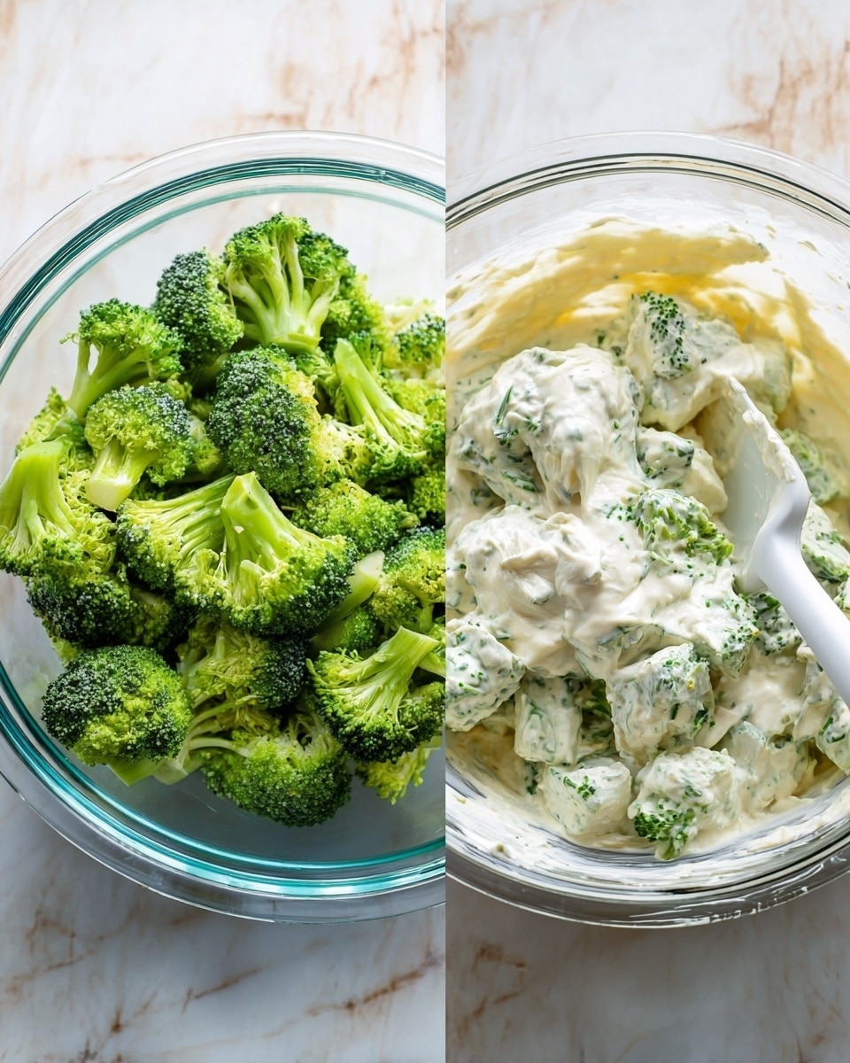 The image shows two clear glass bowls with fresh broccoli florets and a creamy white sauce. The left bowl is filled with bright green broccoli pieces that have a crisp texture, stacked loosely inside the bowl. The right bowl contains the same broccoli mixed with a thick, white creamy sauce that covers most of the broccoli, with some green visible through the sauce. A white spatula is partially submerged in the mixture, resting on the side of the bowl. Both bowls are placed on a surface with a white marbled texture photo taken with an iphone --ar 4:5 --v 7