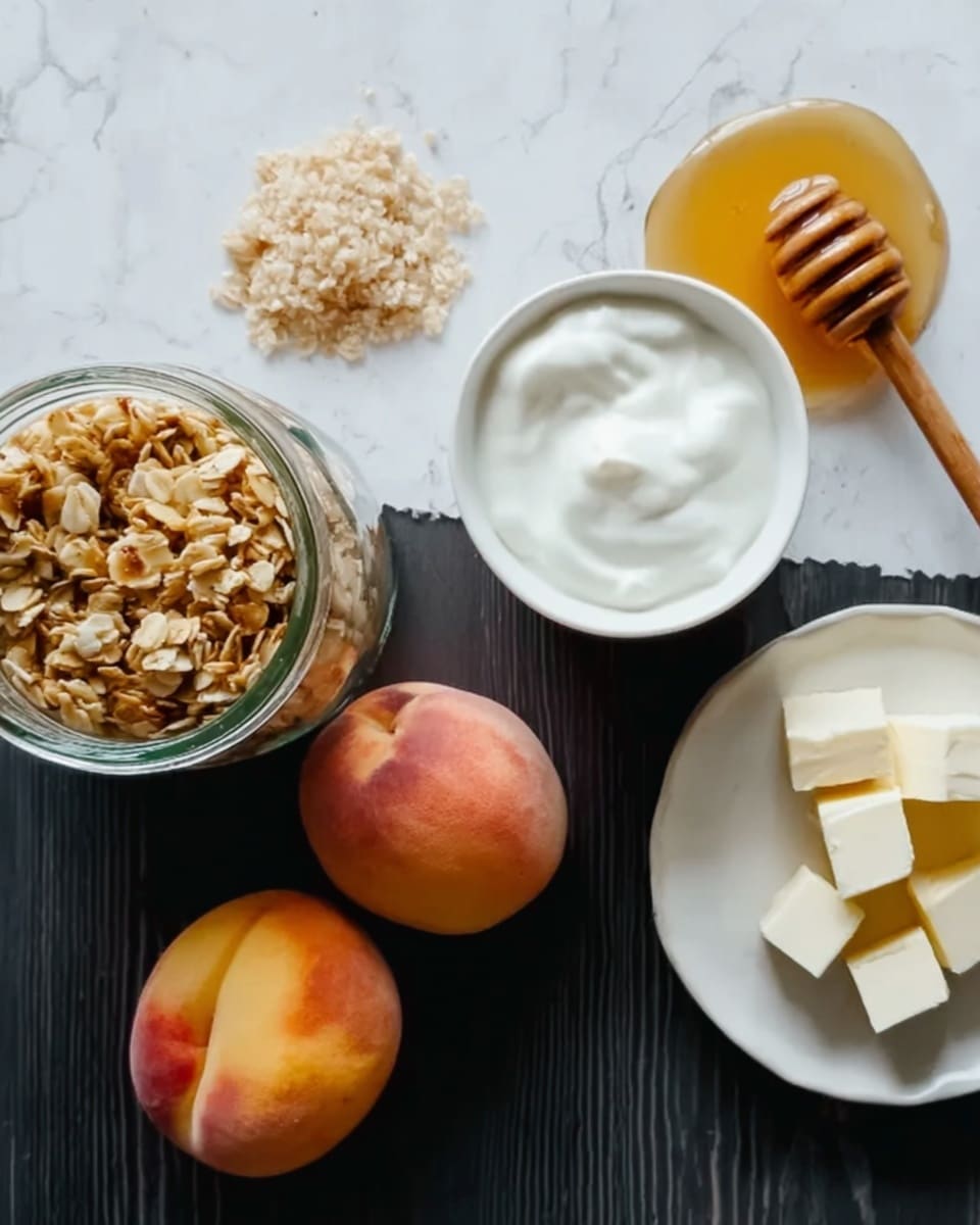 Grilled Peach Breakfast Parfait Recipe 4 The image shows a dark wooden table with a glass jar filled with granola on the left, a white bowl filled with plain yogurt in the middle, and a small white bowl with honey and a wooden honey dipper on the right. Below these, there are two whole peaches on the left side, a small pile of light brown sugar next to a few small cubes of butter on a white plate on the right side. The background is changed to a white marbled texture. photo taken with an iphone --ar 4:5 --v 7