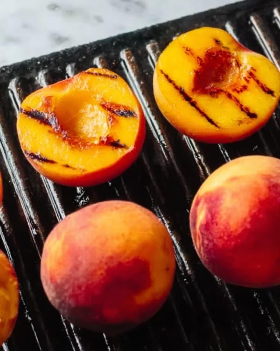 Grilled Peach Breakfast Parfait Recipe 5 The image shows four peaches on a black grill with two peaches whole at the bottom and two peaches cut in half and grilled at the top. The cut peach halves have dark grill marks on their orange-yellow flesh, and they look slightly shiny and soft. The whole peaches at the bottom have a smooth skin with red and orange colors. The grill bars are visible with steam or slight smoke around the peaches. The background is a white marbled texture. photo taken with an iphone --ar 4:5 --v 7