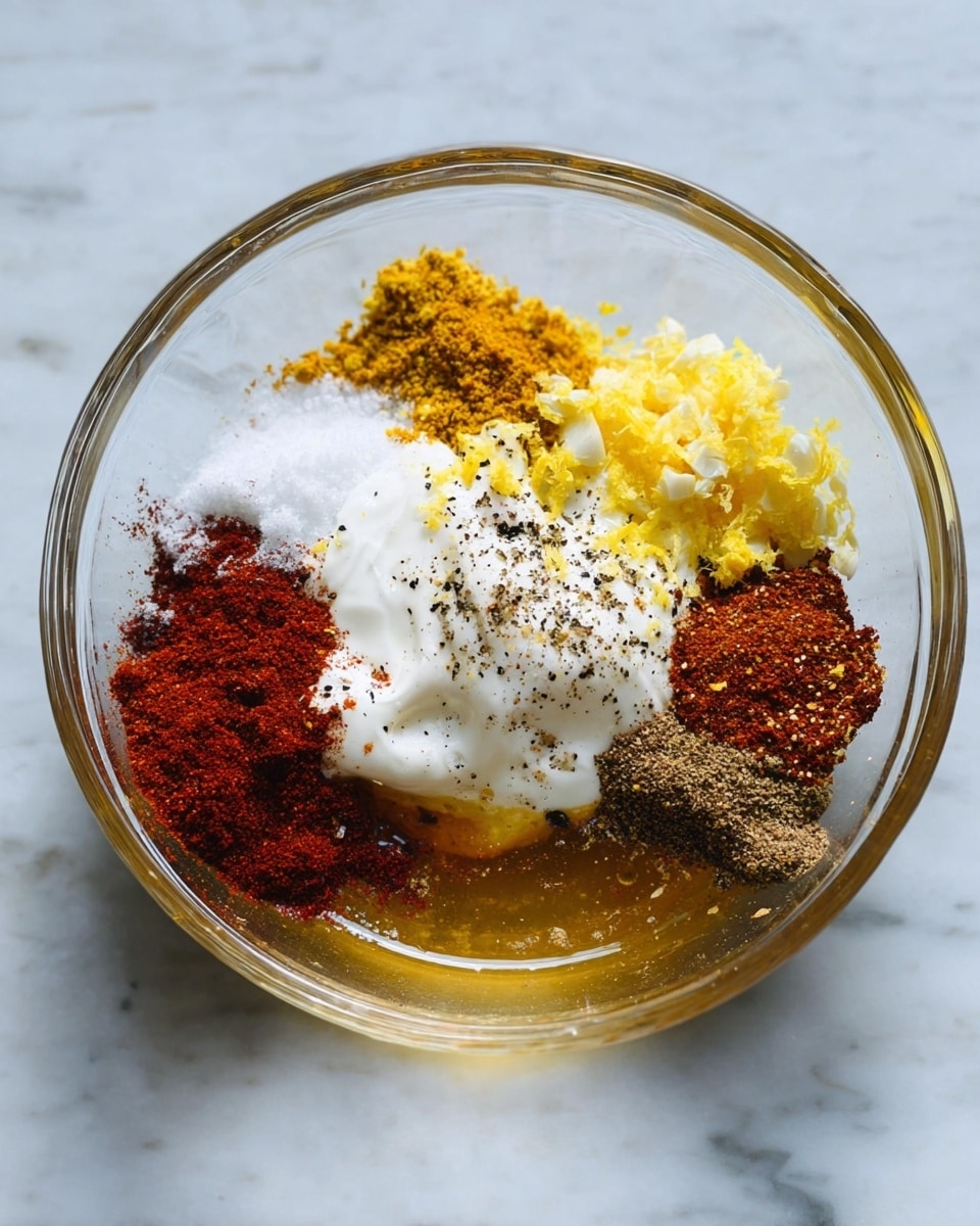 A clear glass bowl sits on a white marbled surface, filled with multiple colorful ingredients arranged in separate small piles. There is a bright white layer of yogurt near the center with a sprinkling of black pepper on top, surrounded by a heap of yellow lemon zest on the right and finely minced light yellow garlic just above it. To the left, there is a mound of white salt next to a small pile of red chili flakes. Below the salt is a dense, deep red paprika powder. On the top right side, there are small heaps of brown and reddish-brown ground spices. At the bottom of the bowl, a golden honey or syrup layer covers the base, partially visible under the other ingredients, with a bit of cracked black pepper sprinkled on and around it. photo taken with an iphone --ar 4:5 --v 7