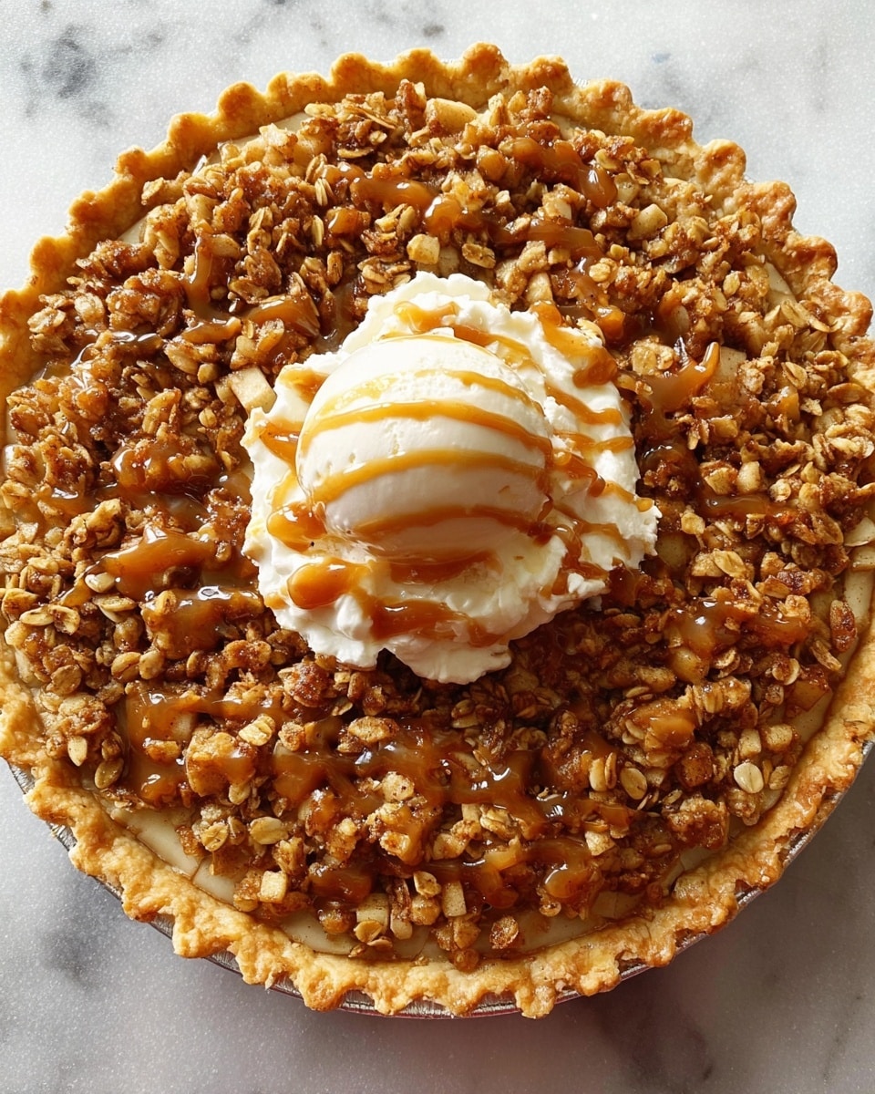 A round pie with a golden, crimped crust forms the base layer, filled with a mixture of small, light brown oat and apple chunks that cover the entire surface. On top, there is a scoop of white creamy ice cream placed in the center, drizzled generously with a caramel sauce that spreads slightly over the ice cream and oats. The pie is set on a white marbled surface. photo taken with an iphone --ar 4:5 --v 7