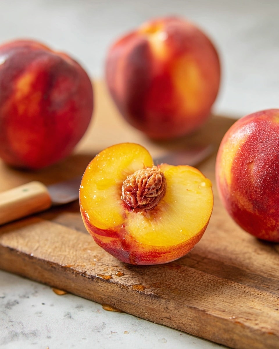 The image shows three fresh peaches on a wooden cutting board placed over a white marbled surface. One peach is cut in half with its bright yellow flesh and brown pit clearly visible, the skin is reddish-orange with a velvety texture. Two whole peaches with similar reddish-orange skin and soft fuzz sit in the background, out of focus. A knife with a wooden handle rests on the cutting board edge, and tiny droplets of juice sparkle on the peach halves and wood. Photo taken with an iphone --ar 4:5 --v 7