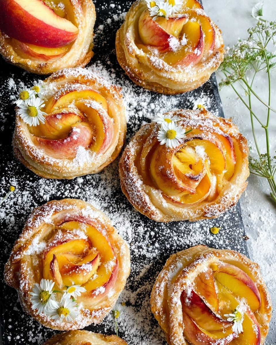 Six rose-shaped pastries are arranged on a black surface dusted with white powdered sugar. Each pastry has multiple layers, with thin slices of yellow and red peach forming delicate, curled petals that spiral from the center outward, wrapped in golden-brown baked dough with a slightly flaky texture. Small white chamomile flowers with yellow centers are delicately placed on some pastries, adding a fresh touch. A wedge of red peach is positioned in the top left corner, and soft green chamomile stems peek in from the top right corner. The overall look is bright and inviting, set against a white marbled background. photo taken with an iphone --ar 4:5 --v 7