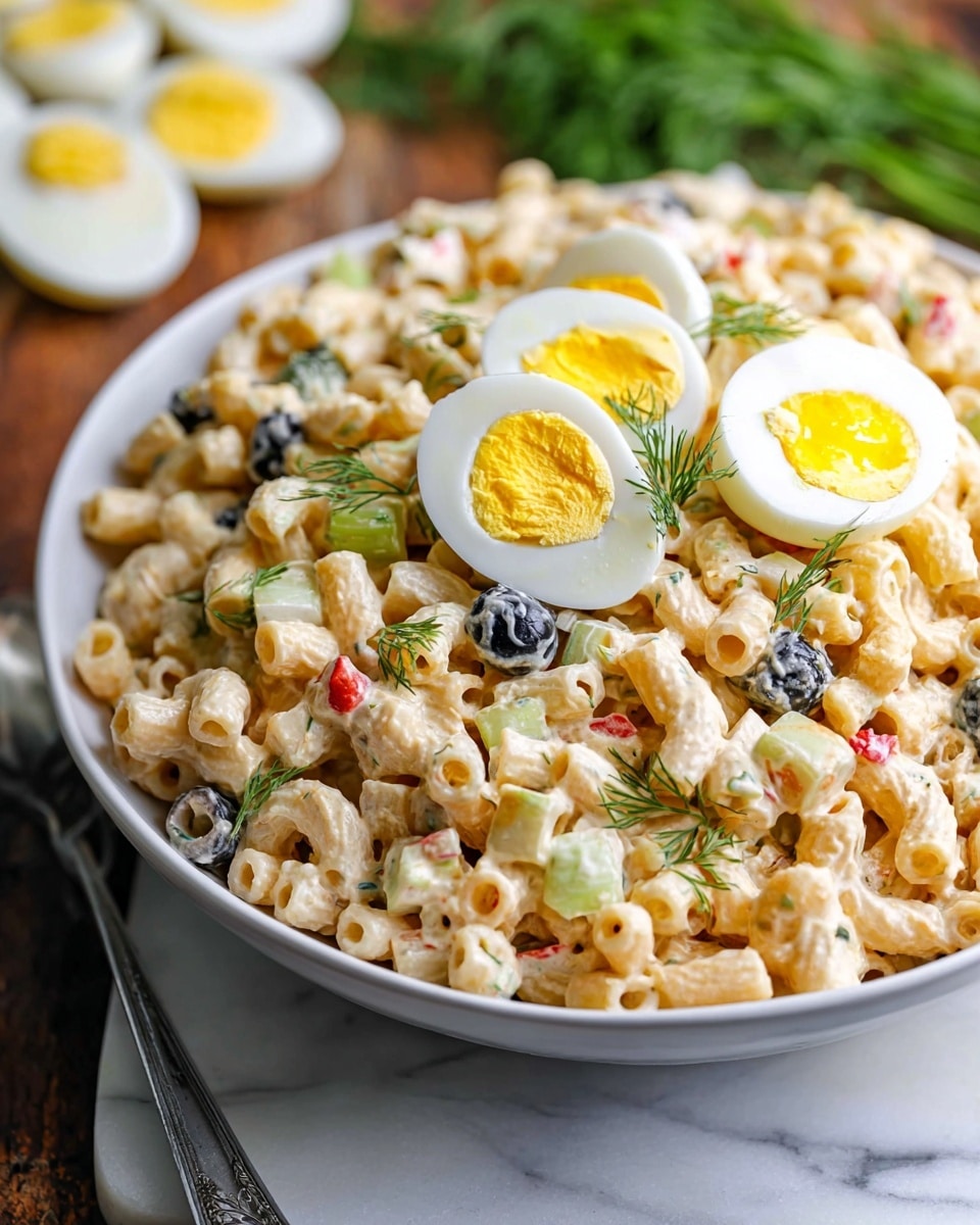 Deviled Egg Macaroni Salad Recipe 4 A white bowl filled with a creamy pasta salad made of small tubular pasta coated in a light beige creamy dressing, mixed with pieces of black olives, pale green celery, and small bits of red peppers. On the top layer, there are slices of hard-boiled egg showing bright yellow yolks and white edges, garnished with small sprigs of fresh green dill. The bowl sits on a white marbled surface, with a blurred background featuring more halved hard-boiled eggs and greenery. photo taken with an iphone --ar 4:5 --v 7