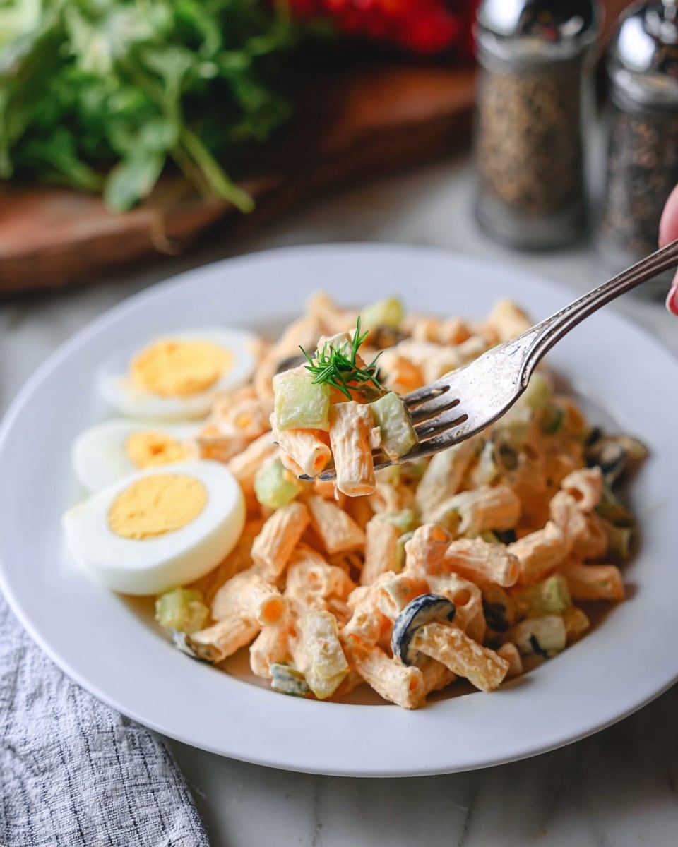 Deviled Egg Macaroni Salad Recipe 5 A white plate with creamy pasta salad sits on a white marbled surface. The salad has small tube-shaped pasta in a pale orange creamy dressing mixed with small pieces of green celery and black olive slices. On the side, there is a sliced hard-boiled egg with white and yellow layers. A woman's hand holds a silver fork lifting a small bite of the pasta salad topped with a small green herb sprig. The background contains blurred pepper and salt shakers and some leafy greens. photo taken with an iphone --ar 4:5 --v 7