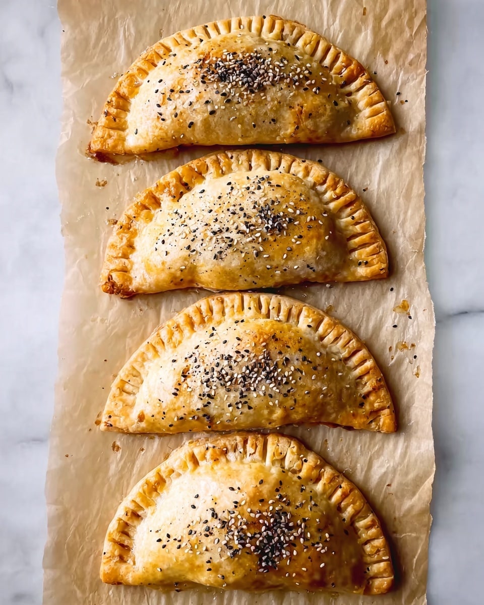 Everything Bagel Hand Pies Recipe 5 The image shows four half-moon shaped pastries placed vertically on a sheet of parchment paper. Each pastry has crimped edges pressed down with a fork and is topped with a golden-brown crust sprinkled with black and white seeds. The layers of dough look smooth and shiny, showing a baked finish with small scattered seeds on top. The whole setup is on a white marbled surface. photo taken with an iphone --ar 4:5 --v 7