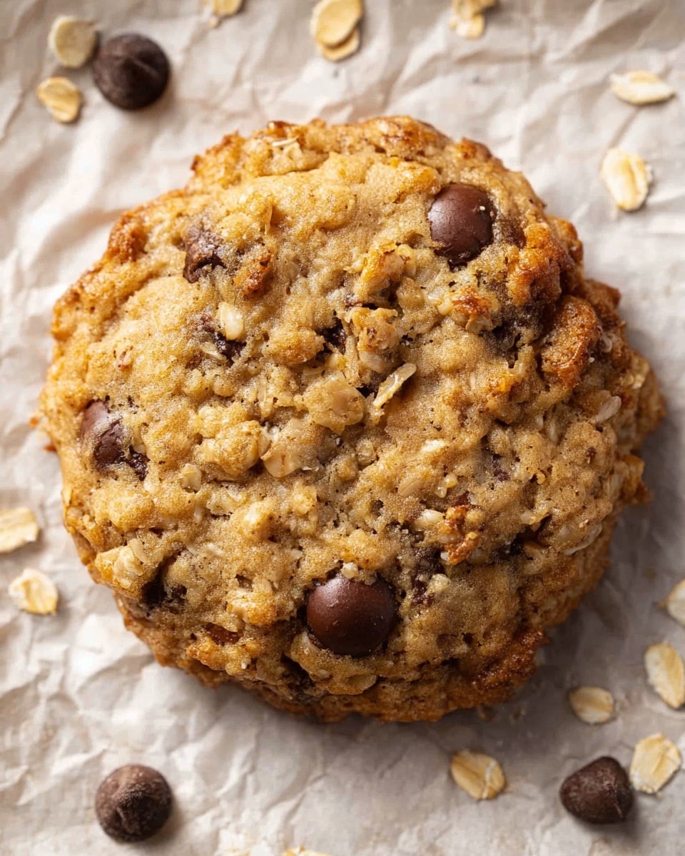 Oatmeal Chocolate Chip Cookies Recipe 5 A close-up view of two soft oatmeal chocolate chip cookies resting on crinkled white parchment paper placed on a white marbled surface. The cookie in front is whole, showing a rough, textured golden-brown surface with visible dark chocolate chips embedded on top. The second cookie is broken in half and propped against the first, revealing a moist, chewy interior filled with more chocolate chips and oats. Scattered around the cookies are a few loose chocolate chips and oat flakes. In the background, a blurred stack of cookies adds depth to the scene. photo taken with an iphone --ar 4:5 --v 7
