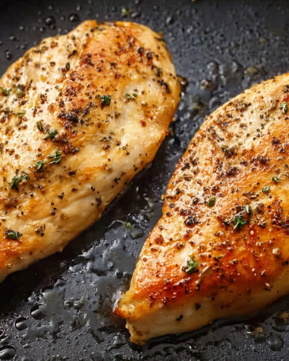 Two cooked chicken pieces are shown close-up on a dark pan with oil droplets. The chicken pieces are light golden brown with a darker brown sear, and they are sprinkled with visible black pepper and herbs. The texture looks firm with slightly rough and grainy spots from the spices. The chicken pieces are placed side by side, partially overlapping on a hot surface. Photo taken with an iphone --ar 4:5 --v 7