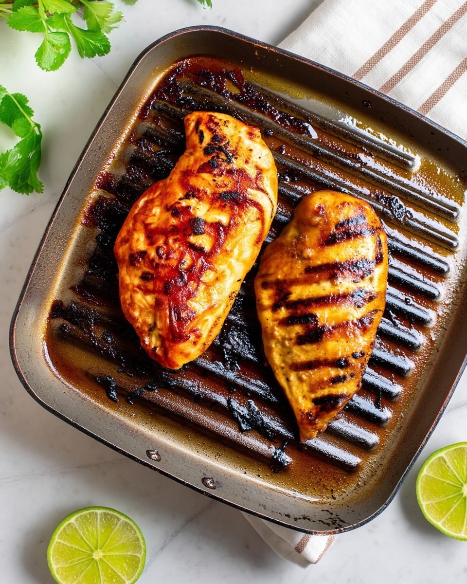 Two grilled chicken pieces with a golden orange color and dark grill marks are placed side by side on a square metal grill pan. The pan has charred spots and juices from cooking, showing a well-used texture. The grill pan rests on top of a white marbled surface with a striped light brown and white cloth underneath it. At the bottom right corner, two slices of lime with a bright green color are partially visible. A few green leaves are in the top left corner. Photo taken with an iphone --ar 4:5 --v 7