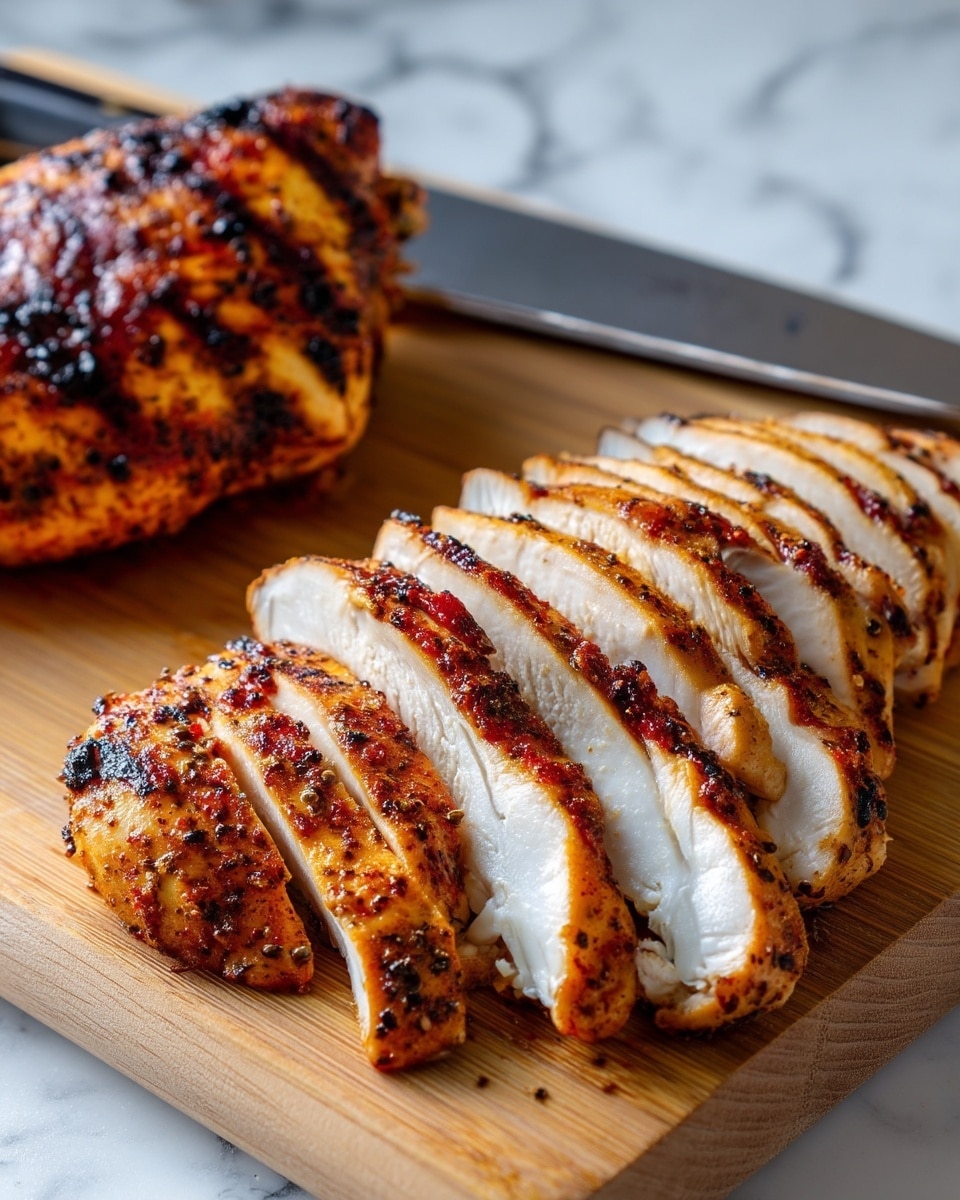 The image shows a cooked piece of grilled chicken that is sliced into many pieces and arranged in a slightly stacked manner on a wooden cutting board. The chicken has a brown crust from the grill with visible char marks and a seasoned surface. Each slice reveals a white, juicy inside with a slightly browned edge. To the left, there is a whole grilled chicken piece with a darker, crispy skin. A large silver kitchen knife rests on the cutting board next to the sliced chicken. The background has a white marbled texture. photo taken with an iphone --ar 4:5 --v 7