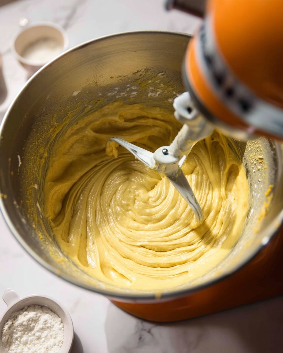 This image shows a thick, creamy batter being mixed inside a shiny metal bowl attached to a mixer. The batter is pale yellow with a smooth and slightly thick texture, swirling around the metal mixing paddle in the center. The bowl's inner walls are partly covered with the batter. The background has a white marbled texture and there is an orange object blurred on the right side. A woman's hand is partly visible along the left edge, holding the mixer. Near the bowl, there is a small white spoon with some powder on it. Photo taken with an iphone --ar 4:5 --v 7