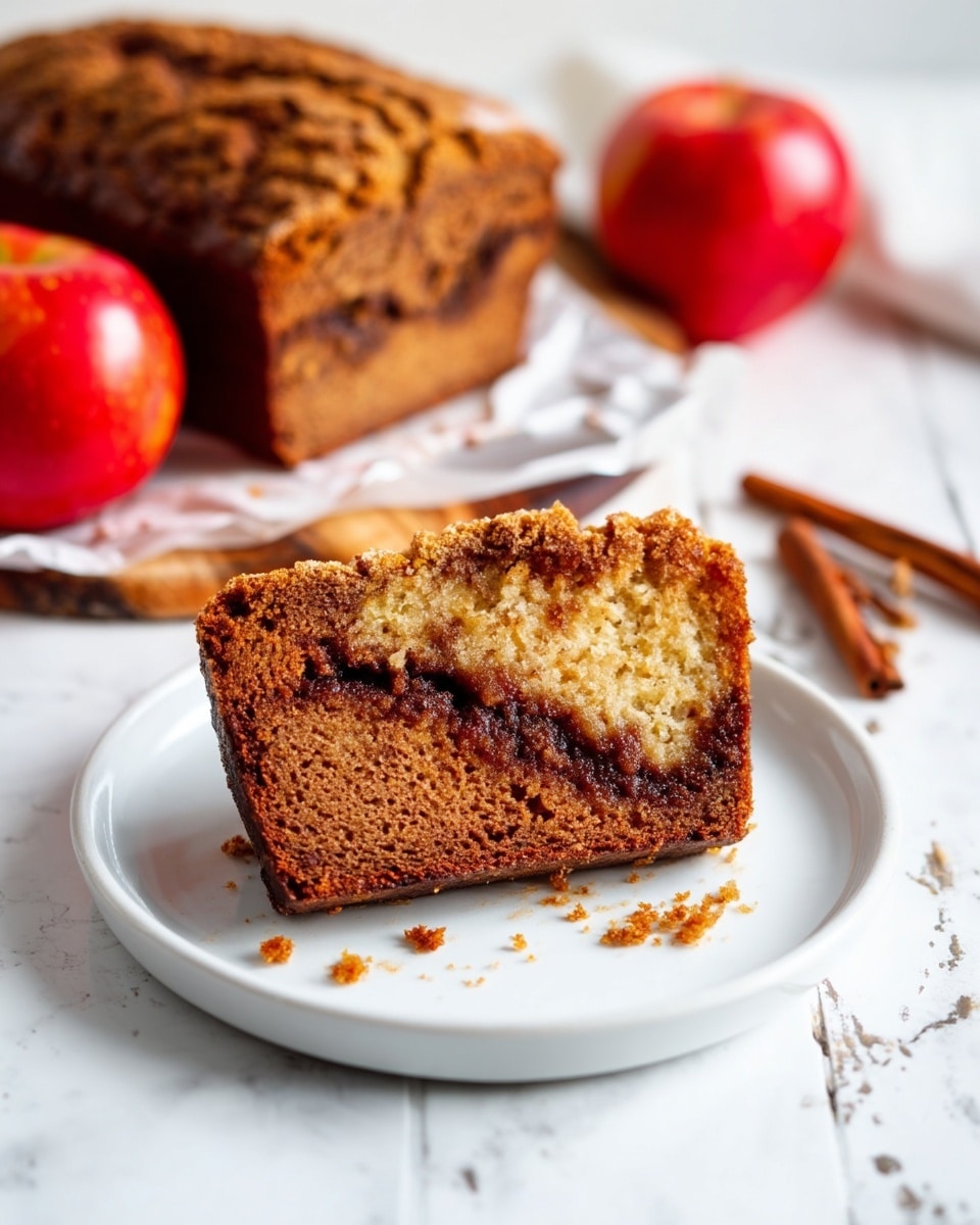 Apple Cinnamon Bread with Cinnamon Swirl and Crumble Recipe 5 A single slice of brown cake with a dark cinnamon-colored layer in the middle sits on a white plate. The cake texture looks soft and moist, showing small crumbs around the edges. Above and behind the plate, there is a loaf of the same cake placed on white crumpled paper over a wooden board, with one end slightly in view. On the left side near the plate, two shiny red apples are visible, and three cinnamon sticks lie on the white marbled surface to the right side of the plate. The overall setting is bright and clean. photo taken with an iphone --ar 4:5 --v 7