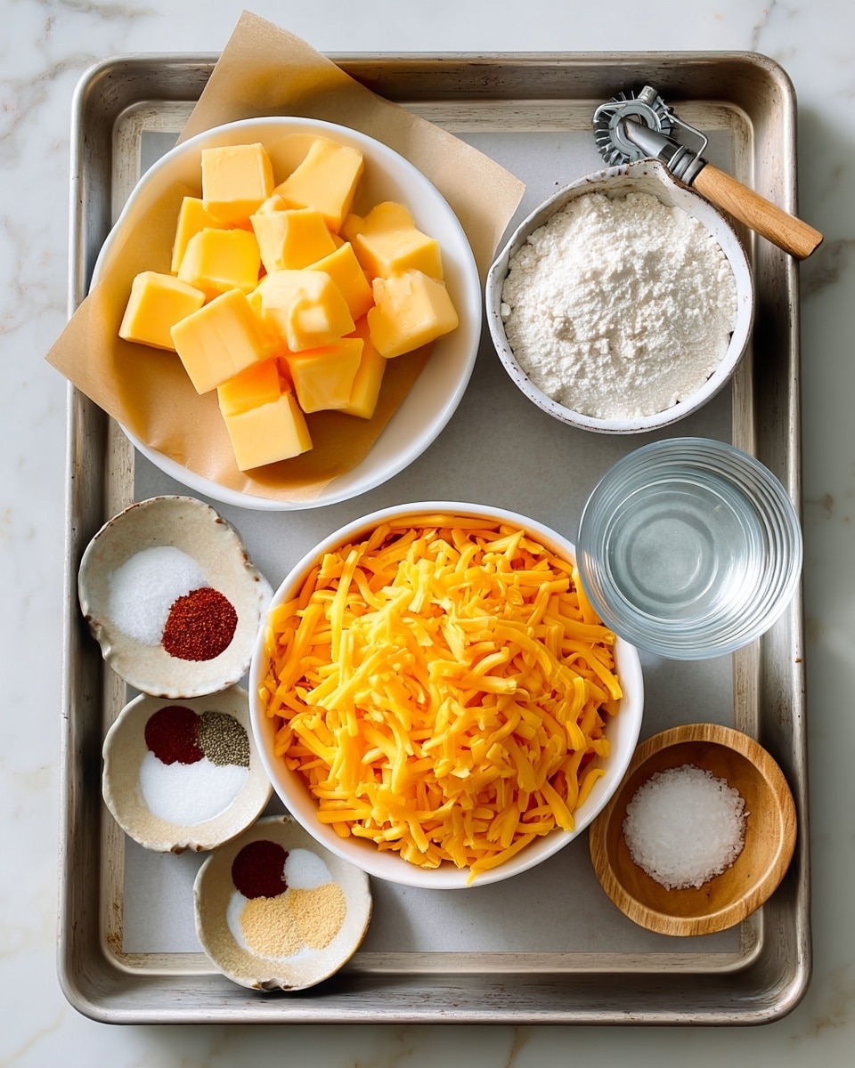 A metal baking tray holds seven small white bowls and plates arranged neatly on a white marbled surface. The largest bowl, placed in the center, is filled with bright orange shredded cheese. To its left, a small white plate lined with brown parchment paper carries evenly cubed pale yellow butter. Above the butter plate is a small white bowl filled with fine white flour. To the right of the cheese bowl, a clear glass cup holds water, and near it a small wooden bowl contains coarse white salt. Below the salt bowl, a tiny white dish has four small piles of spices with colors dark red, white, light yellow, and black. At the top right corner of the tray, a silver pastry cutter with a wooden handle rests flat. The photo taken with an iphone --ar 4:5 --v 7