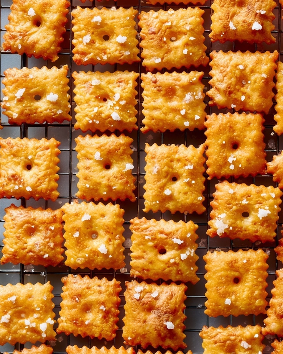 A close-up view shows many small square crackers with scalloped edges arranged in a tight grid. Each cracker has a golden brown, crispy texture with small air bubbles and a tiny hole in the center. The crackers are sprinkled with coarse white salt crystals, giving a rough texture on top. They are placed on a dark wire cooling rack, which contrasts with the warm tones of the crackers. The background is a white marbled texture. Photo taken with an iphone --ar 4:5 --v 7