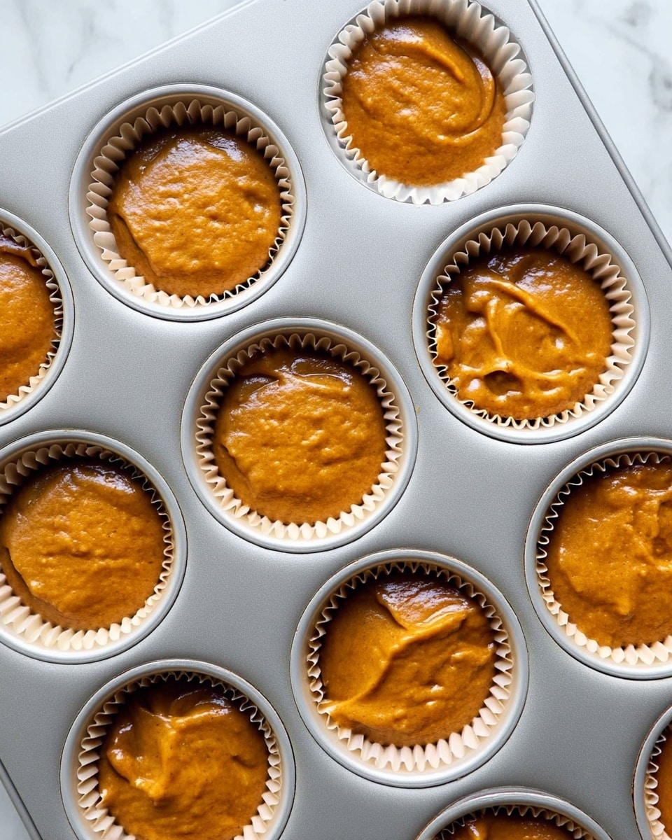 A close-up top view of a muffin tray with twelve white paper liners filled with smooth, thick orange-brown batter. Each liner is fully visible, sitting snugly inside matte silver metal cups of the tray. The batter fills each liner to about three-quarters full, with a slightly uneven but softly textured surface showing gentle swirls and small air bubbles. The tray is placed on a white marbled surface, giving a clean and bright view of the unbaked muffins. Photo taken with an iphone --ar 4:5 --v 7