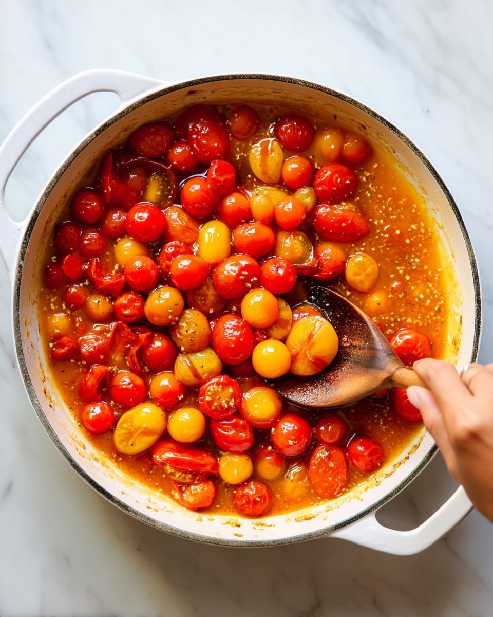 A round white pot filled with a colorful mix of cooked cherry tomatoes in red, orange, and yellow shades, some whole and some softened and broken, creating a thick saucy texture. A woman's hand is stirring the tomatoes with a wooden spoon from the right side. The surface underneath the pot is white marble, adding a clean and bright background to the image. photo taken with an iphone --ar 4:5 --v 7