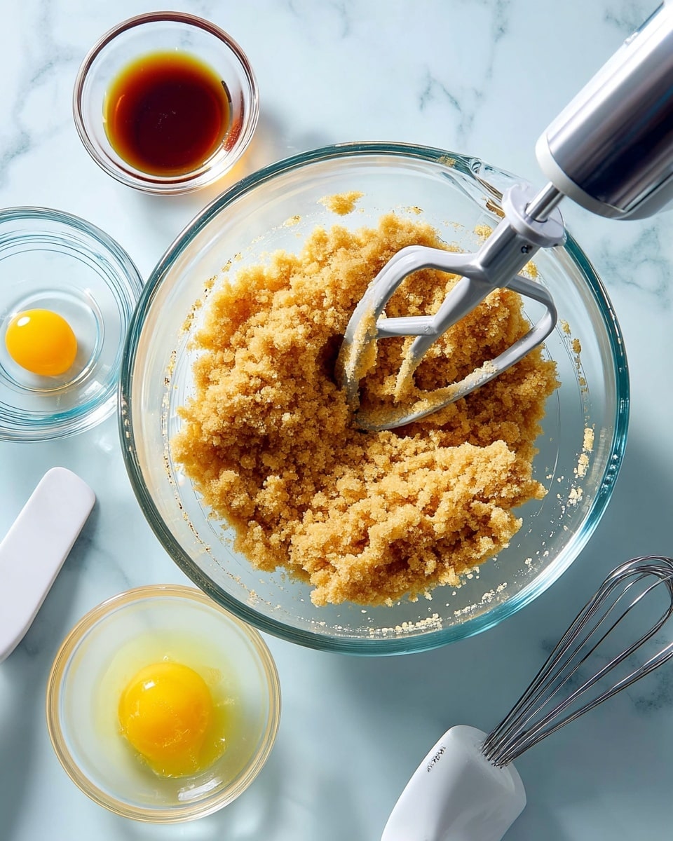 A clear glass bowl in the center filled with crumbly light brown sugar and butter mixture, being mixed by a silver electric beater. To the left side of the bowl, there are two small clear glass bowls, one with a single yellow egg yolk and another with dark amber vanilla extract. A white spatula is placed near these bowls on a light blue surface. The background is a white marbled texture. Photo taken with an iphone --ar 4:5 --v 7