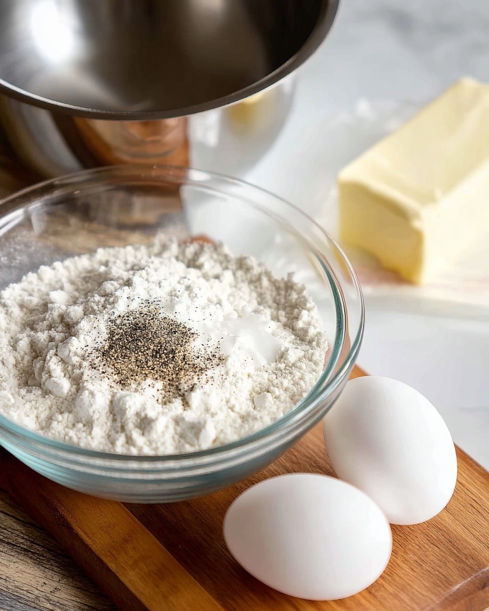 The image shows a clear glass bowl on a wooden surface filled with a mix of white flour, a small pile of white powder, and a sprinkle of black pepper in the center. Next to it, there are three white eggs lying on a white marbled surface beside a stick of butter on its white paper packaging. Part of a larger silver metal bowl is visible in the background, and the overall look is clean and prepared for baking. Photo taken with an iphone --ar 4:5 --v 7