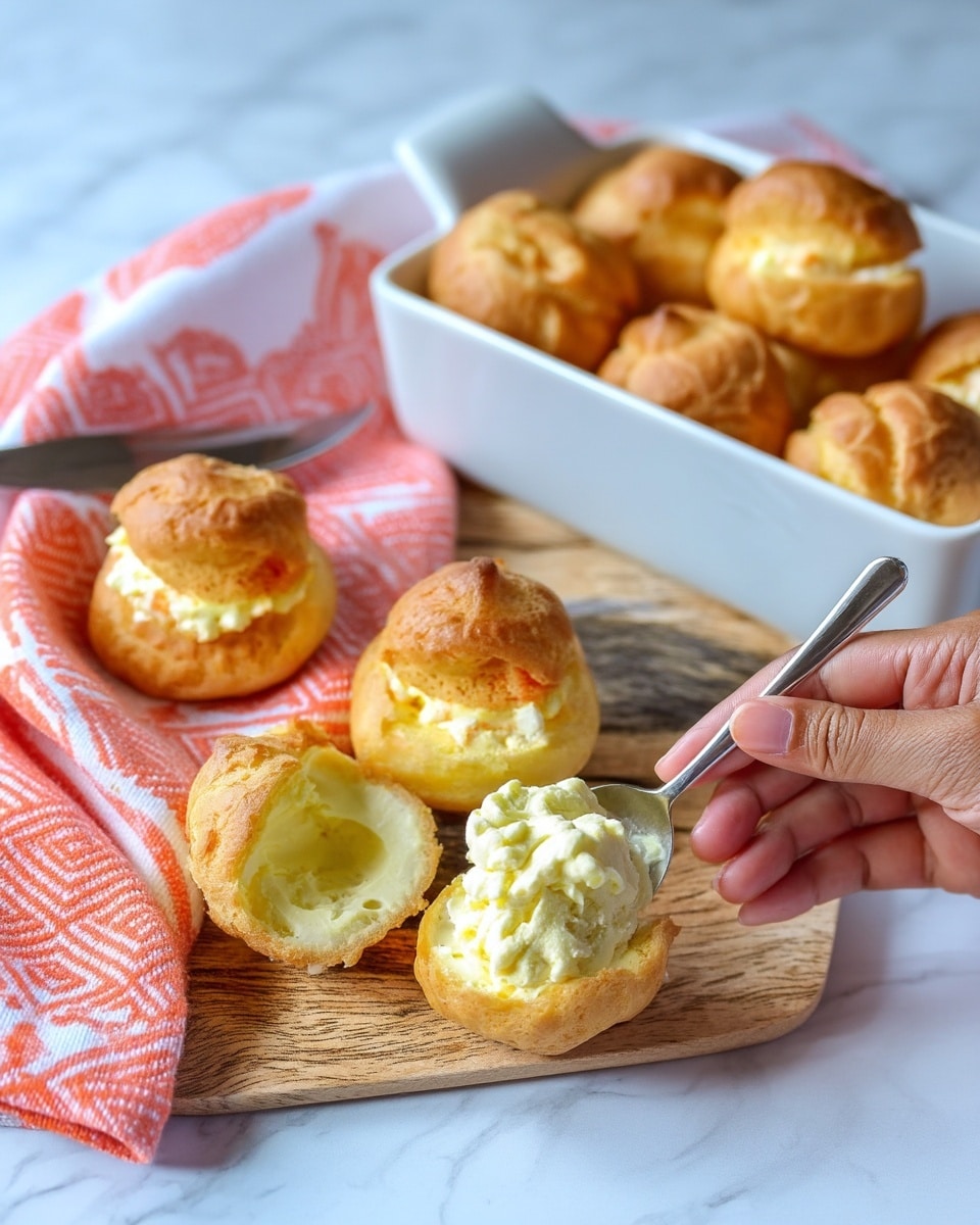 The image shows several golden brown cream puffs, some filled generously with a pale yellow creamy filling. One cream puff is open on a wooden surface, with the creamy filling spooned onto its bottom half using a spoon held by a woman's hand. The light, airy texture of the cream puffs contrasts with the smooth creamy filling. A white rectangular dish holds more filled cream puffs in the background, and a soft orange and white patterned cloth is draped nearby. The whole scene is set on a white marbled surface. photo taken with an iphone --ar 4:5 --v 7