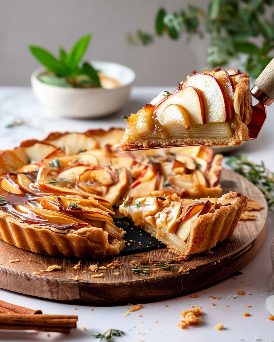 A slice of apple tart is lifted by a wooden-handled spatula, showing three layers: a golden brown flaky crust base, a light caramel layer in the middle, and thinly sliced baked apples arranged vertically on top with a shiny glaze and small green herb leaves scattered. The tart rests on a round wooden board with crumbs around it. Nearby there are cinnamon sticks, small green herb sprigs, and a white bowl with a leafy garnish, all set on a white marbled surface. The soft natural light highlights the textures and warm colors of the tart. photo taken with an iphone --ar 4:5 --v 7