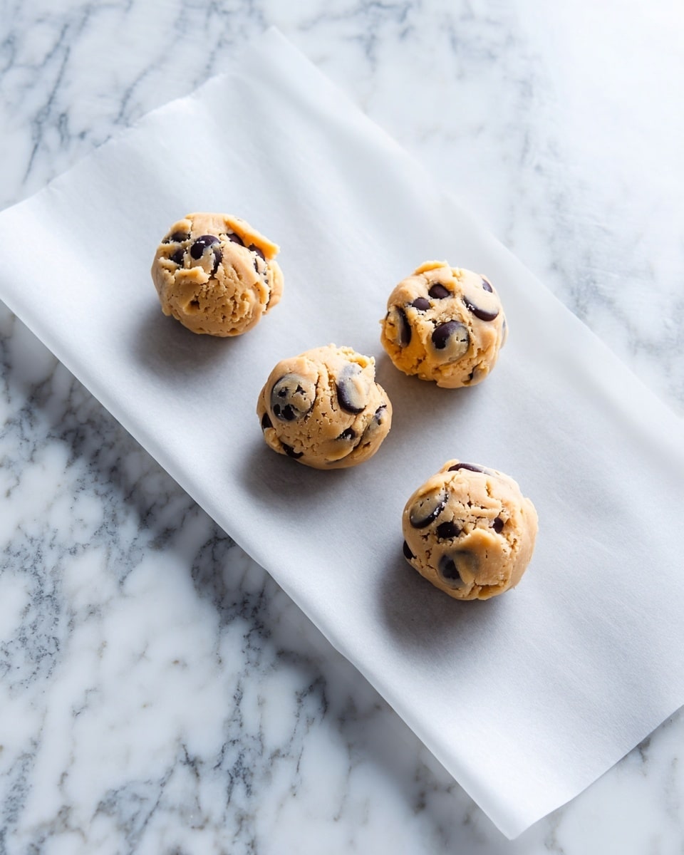 Four small cookie dough balls with visible dark chocolate chips are placed evenly spaced on a sheet of white parchment paper that rests on a white marbled surface. The dough is light beige with a soft, slightly textured look, and the chocolate chips are scattered on top and inside each ball. The overall scene is bright and clean, showing the dough ready to bake. Photo taken with an iphone --ar 4:5 --v 7
