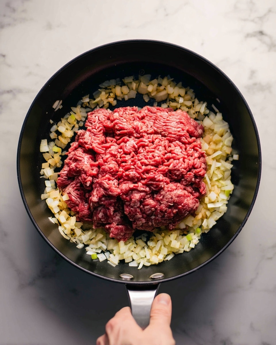 The image shows a black pan with one layer of small, light yellow diced onions spread evenly around the edge. In the center, there is one layer of raw, red ground meat with a slightly rough texture, piled loosely. The pan sits on a white marbled surface with a woman's hand partially visible holding the pan. The lighting is soft and natural, highlighting the textures and colors of the onions and meat. photo taken with an iphone --ar 4:5 --v 7